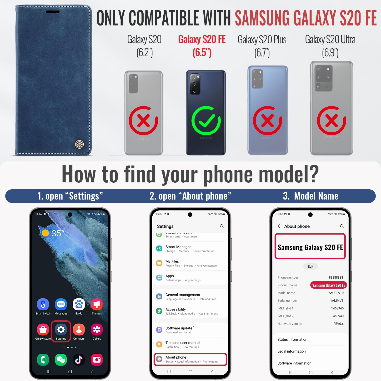 Samokor Cover per Samsung Galaxy S20 FE 5G Pelle Flip Custodia Cavalletto Portafoglio Magnetica Carta Fessura Antiurto per Samsung Galaxy S20 FE,Blu