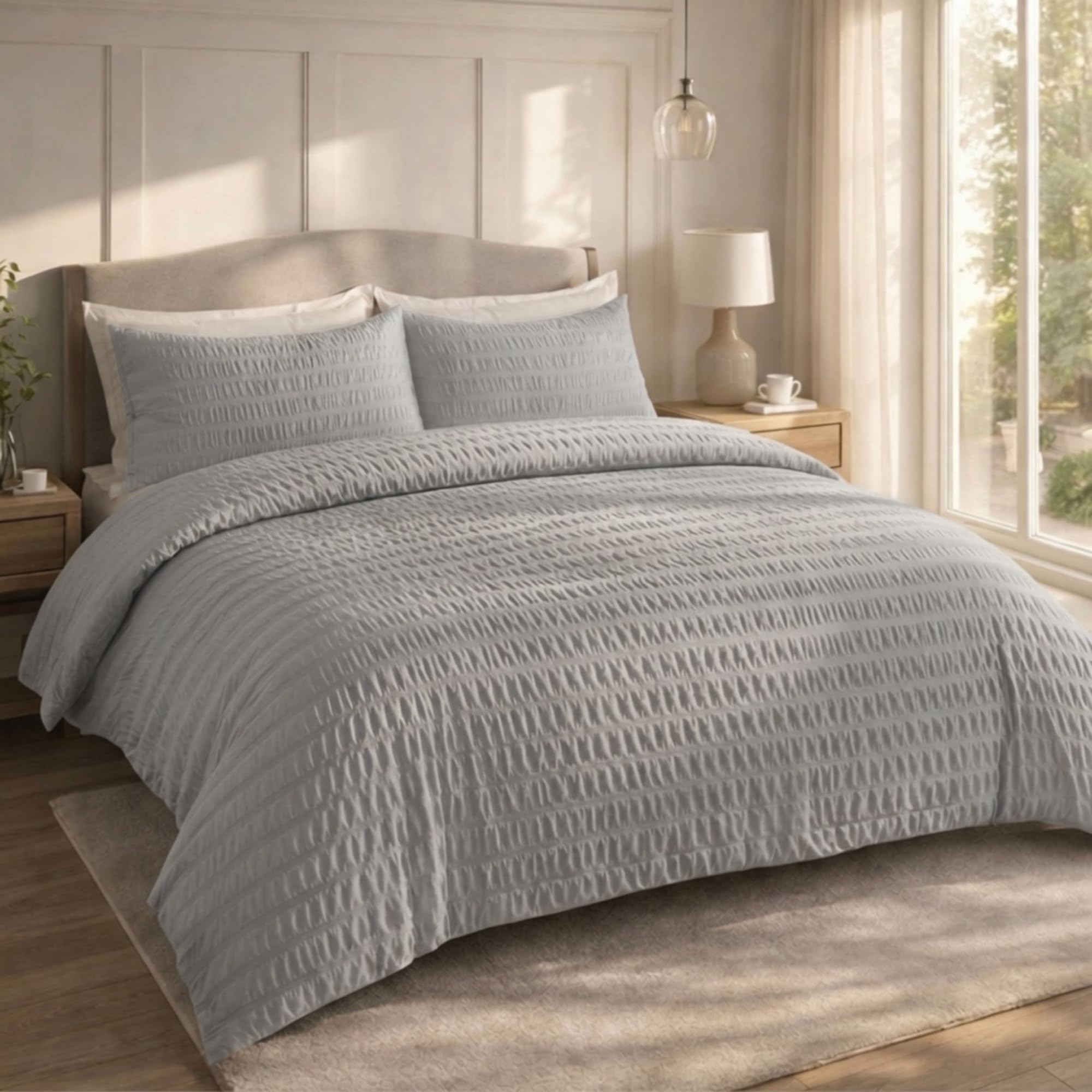 Q & H QUALITY HOUSEHOLD Q&H Bedding Grey Seersucker Duvet Cover Set Double with Pillowcase - Ultra Soft Brushed Microfiber Quilt Cover - Breathable, Textured, Easy Care, Machine Washable