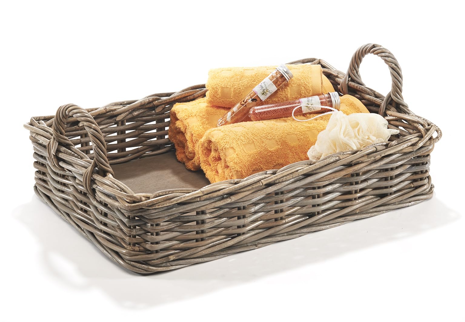 Kobolo Serviertablett aus Rattan | 56x38x12 cm | grau | eckig mit Holzboden & Griffen | handgeflochtenes Tablett im Landhausstil | Robustes Dekotablett für Küche, Wohnzimmer, Couchtisch oder Terrasse