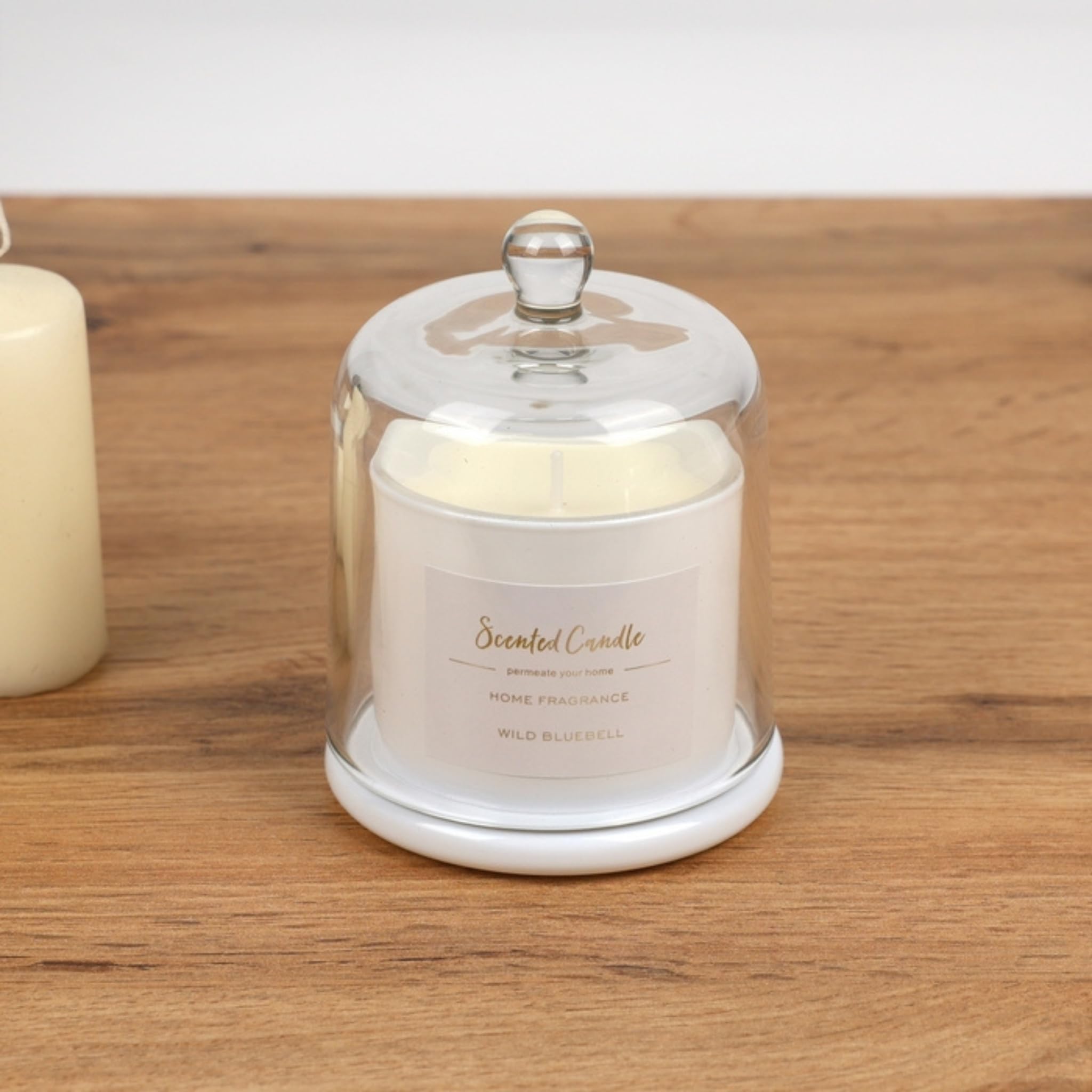 Scented Candle English Pear & Freesia Home Fragrance, White Glass Jar with Clear Glass Cloche and Silver Tassel, Premium Soy Wax-image-17