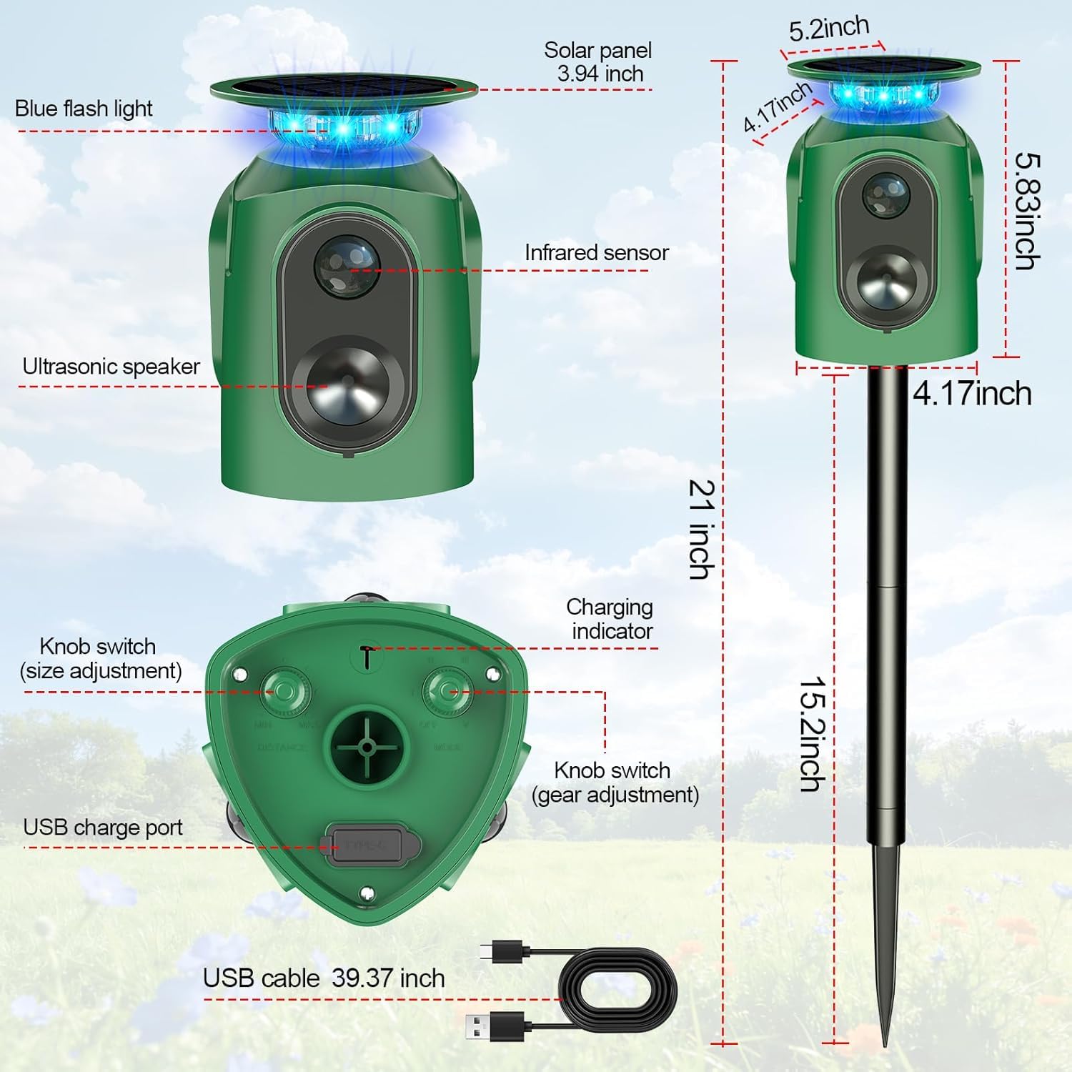 Repellente per animali a ultrasuoni per esterni, repellente per gatti e cervi, con sensore PIR, ad energia solare per una protezione a 360° contro gatti, cervi, scoiattoli, procioni, conigli in