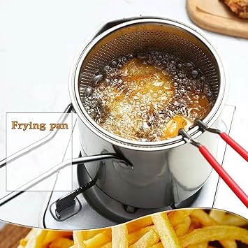 Deep Fry Basket, 304 Stainless Steel Deep Fryer Pan, Frying Pan Stock Fry Pot with Strainer Basket and Handle for Frying Shrimp