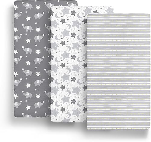Miniatura 5 de The Peanutshell Juego de sábanas bajeras para cuna, corralito, paquete de sábanas de juego, corralito, estrellas de elefante