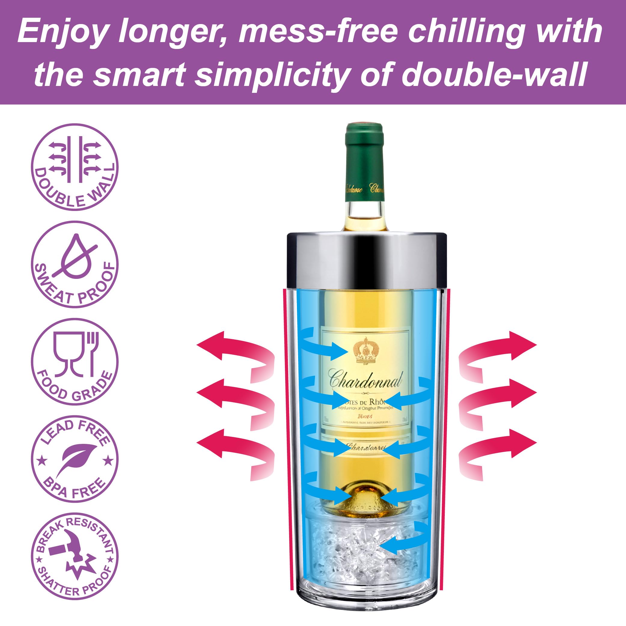 Amazing Abby - VinoChill - Acrylic Double-Wall Wine Chiller with Ice Chamber, Clear Plastic Insulated Champagne Bucket with Enhanced Cooling Bottom, Great for Party, Dinner, and Outdoor Entertaining — Amazon image 2