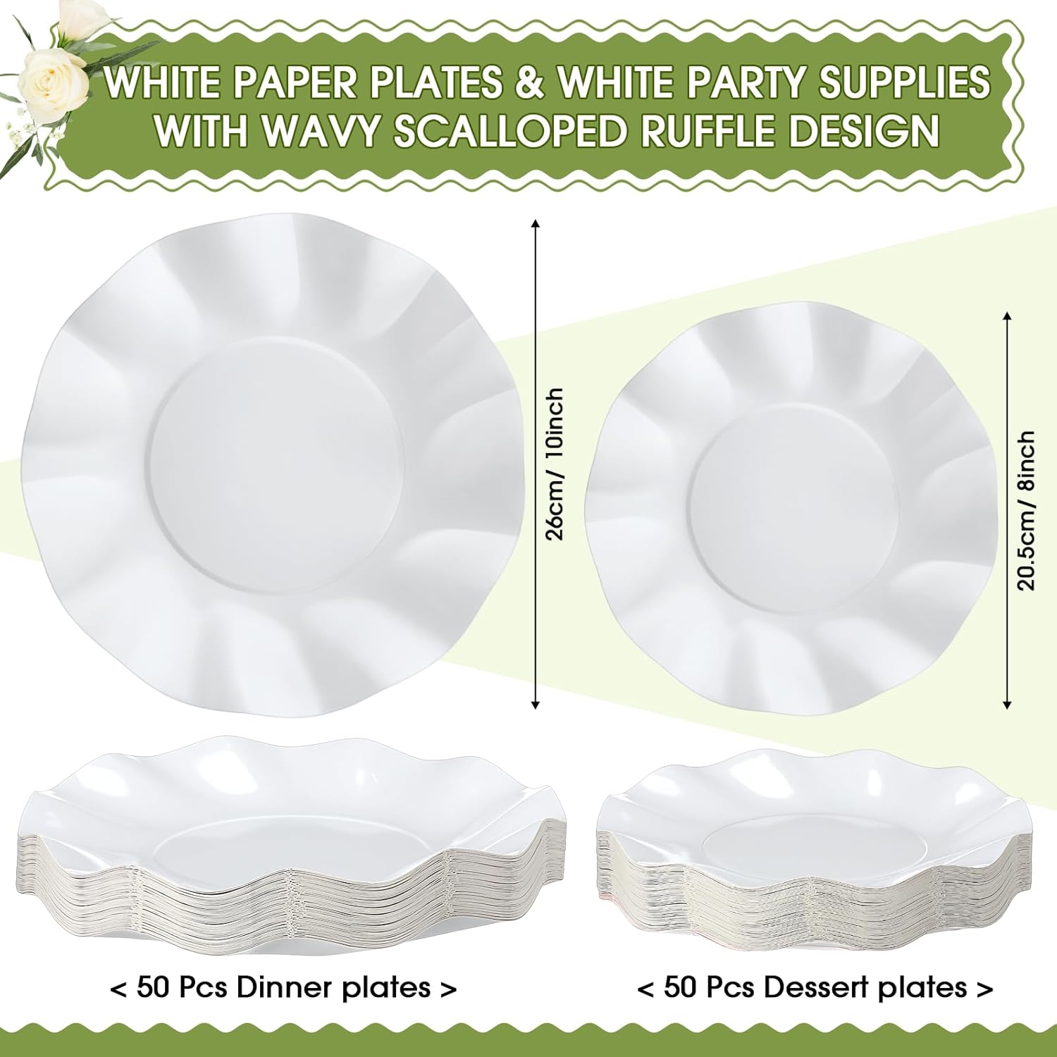 Zhehao White Scalloped Paper Plates Disposable for Guests, 8 Inch & 10 Inch Elegant Paper Dessert Dinner Plate Bulk for Parties, Wedding Baby Shower Bridal Birthday Party Supplies (100 Pcs)