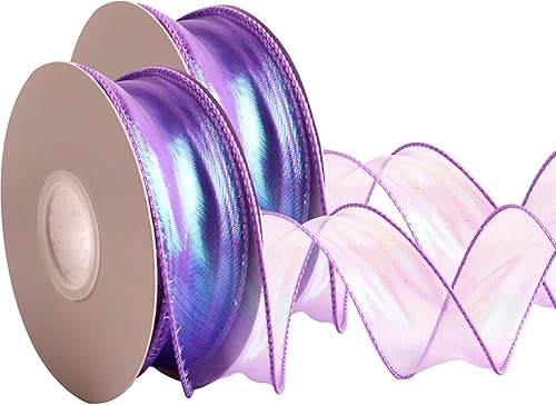 CMFYHM 2 rollos de cinta de organza púrpura láser de 1-12 pulgadas de ancho, 10 yardas para envoltura de regalo, lazo, manualidades, manualidades,