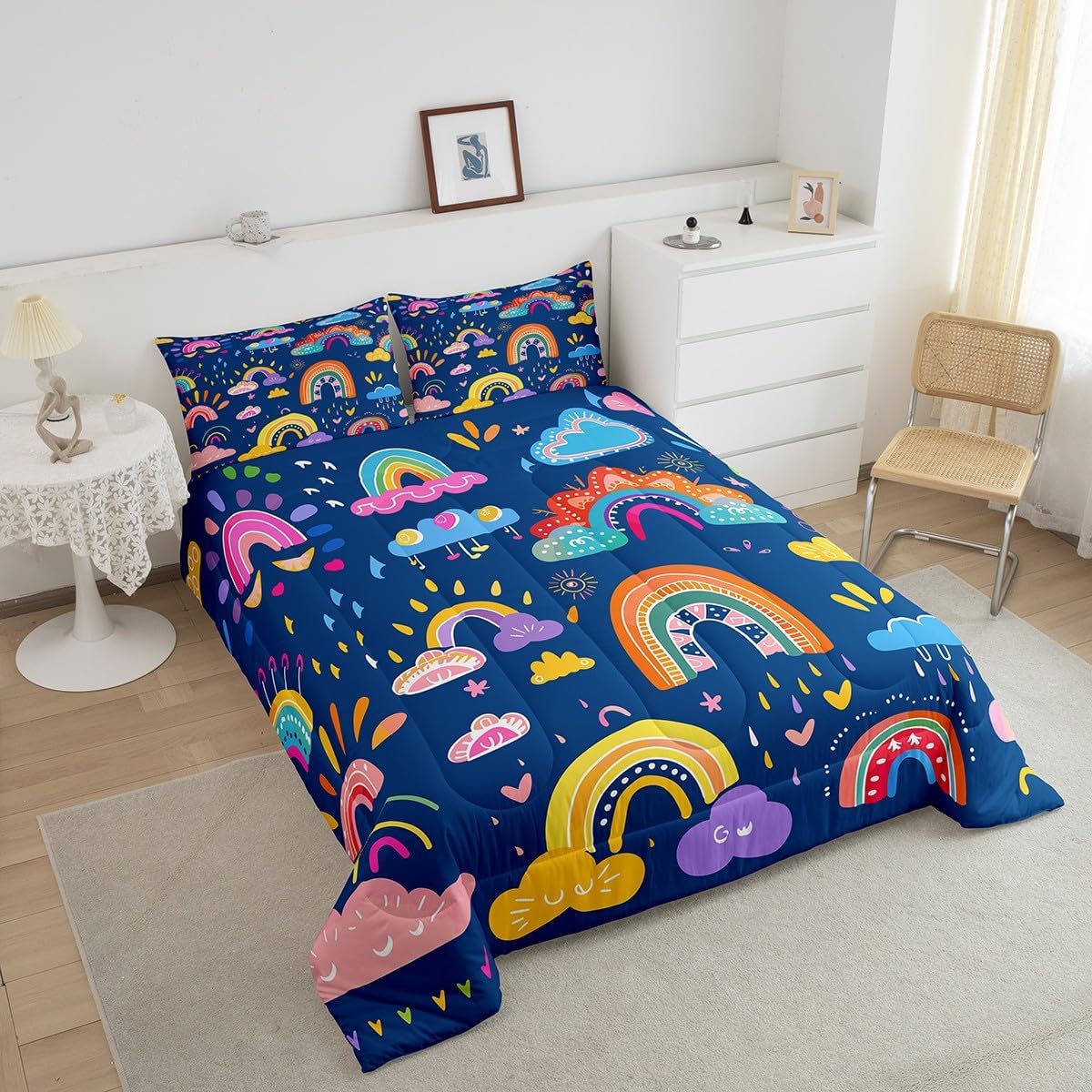 Kawaii Bedding Set Rainbow Quilt for Toddlers Kids Girly,Colorful Cartoon Raindrop Queen Comforter Set Crown Love Hearts Watercolor Hand Drawn Duvet Insert,Little Girls Cute Room Decor,Navy Blue