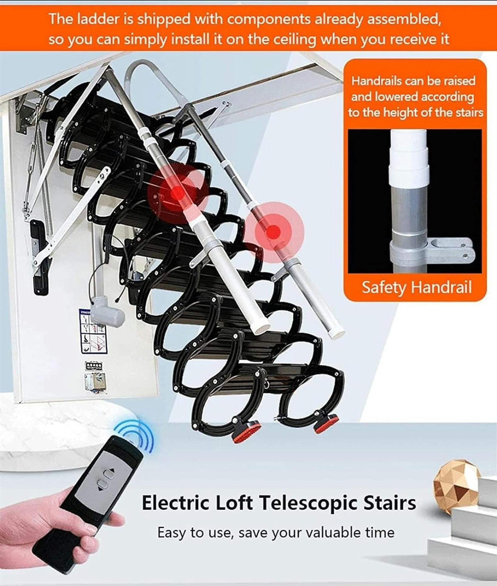 Escalera de acceso al ático Concertina Loft de aleación, escalera eléctrica con control remoto, escalera telescópica plegable invisible