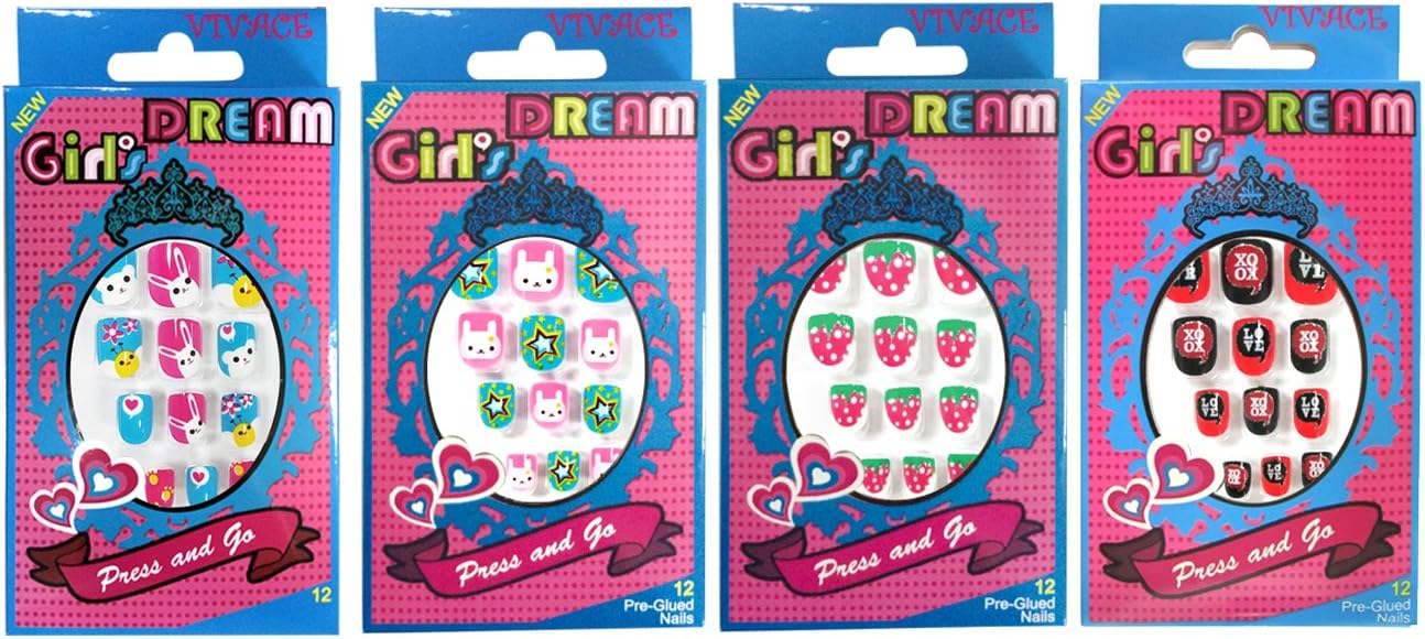 Vivace 4PACK 48Tips Dream Nails 12Tips Artificial 4 Different False Fake Nails Pre-glued Sticker Nails for Kids (Dream Nail 1)