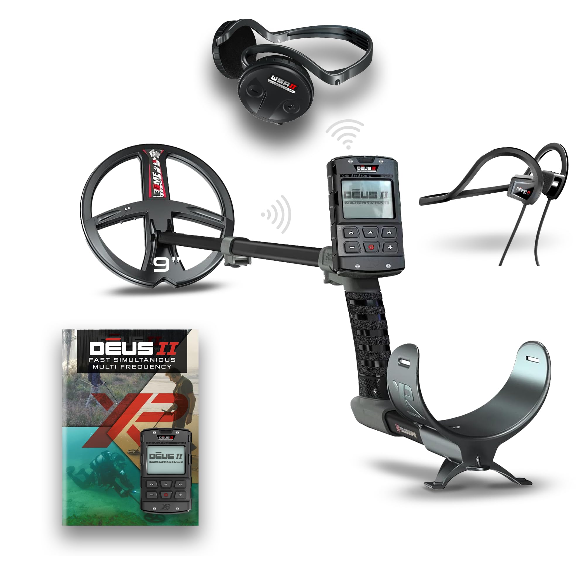 DEUS II RC - 9" FMF Coil with WSAII wireless heapdhones & BH-01 bone conduction headphones bundle - waterproof & multifrequency metal detector - remote control & S-Telescopic Stem
