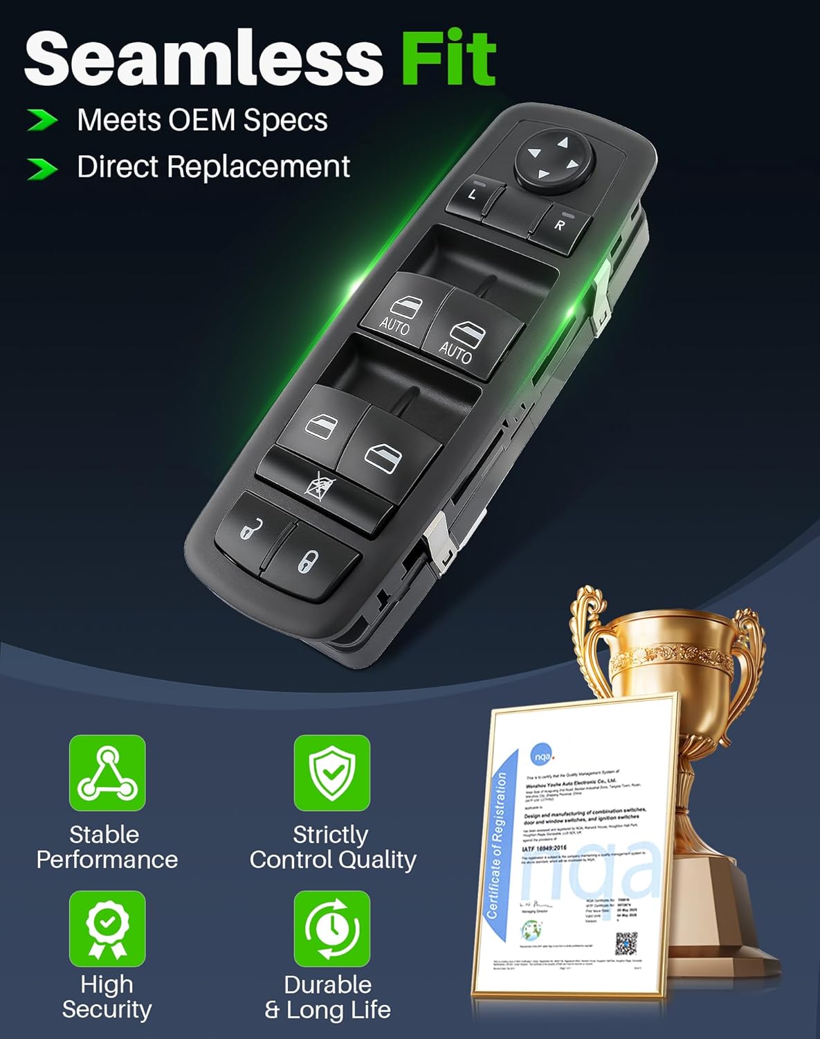 Master Power Window Switch Fits for Dodge Durango 2016-2022, Jeep Grand Cherokee 2016-2021, Front Left Driver Side Control Door and Windows, Replaces 68289802AA, 68289802AB, 68319802AA