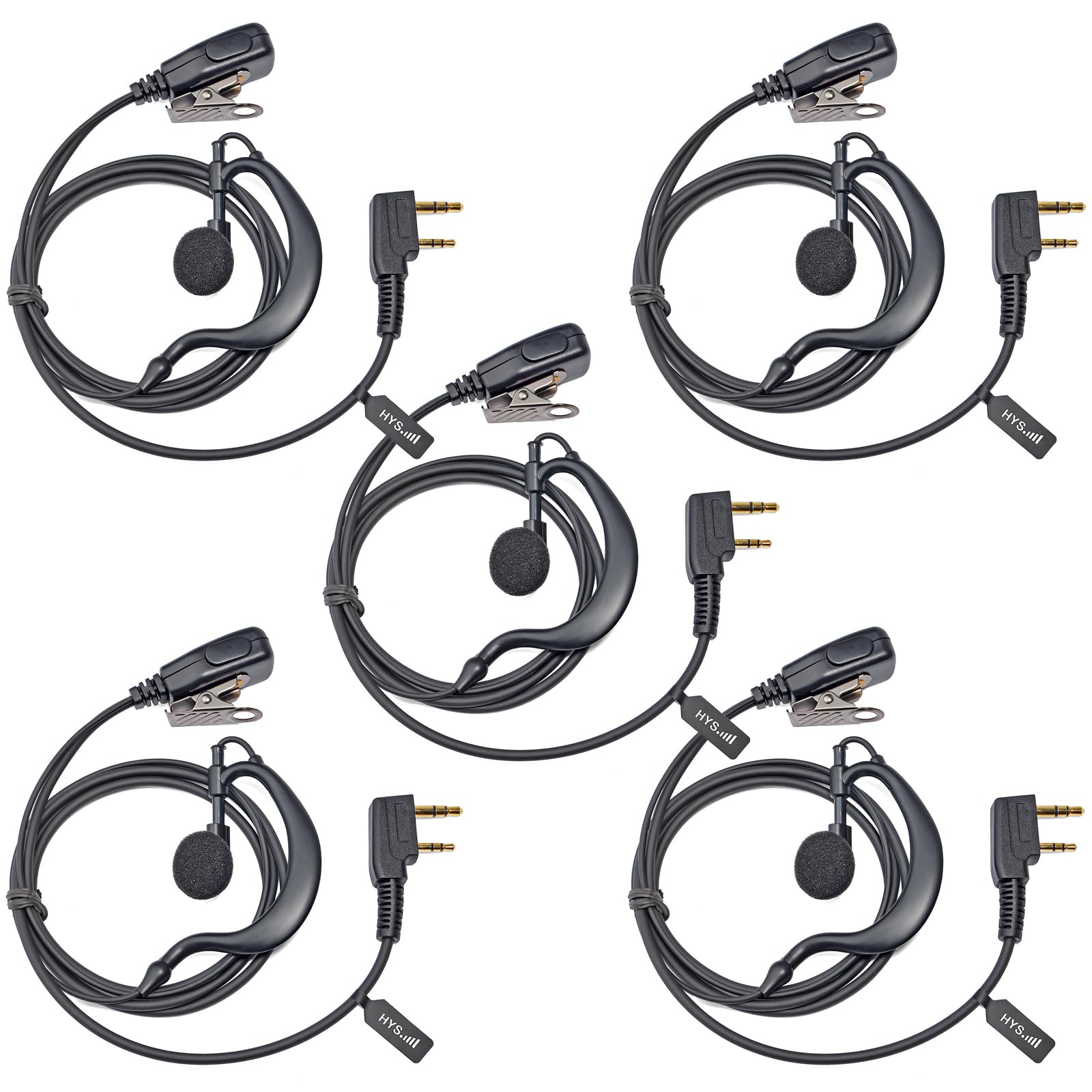 HYS Auriculares con Micrófono en Forma de G y PTT en Línea, Pinganillo Compatible con Kenwood Baofeng UV-5R UV5RA BF-888S de 2 Pines Radios (5 Unidades)