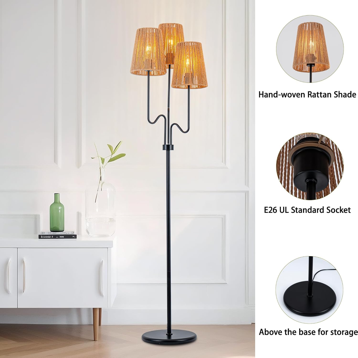 MAYNA Bohemian Floor Lamp, 68 in. Rattan Floor Lamp with Rattan Shade, 3-Light Tree-Shaped Stand Lamp for Bedroom, Nursery, E26 Socket, Living Room(Black)