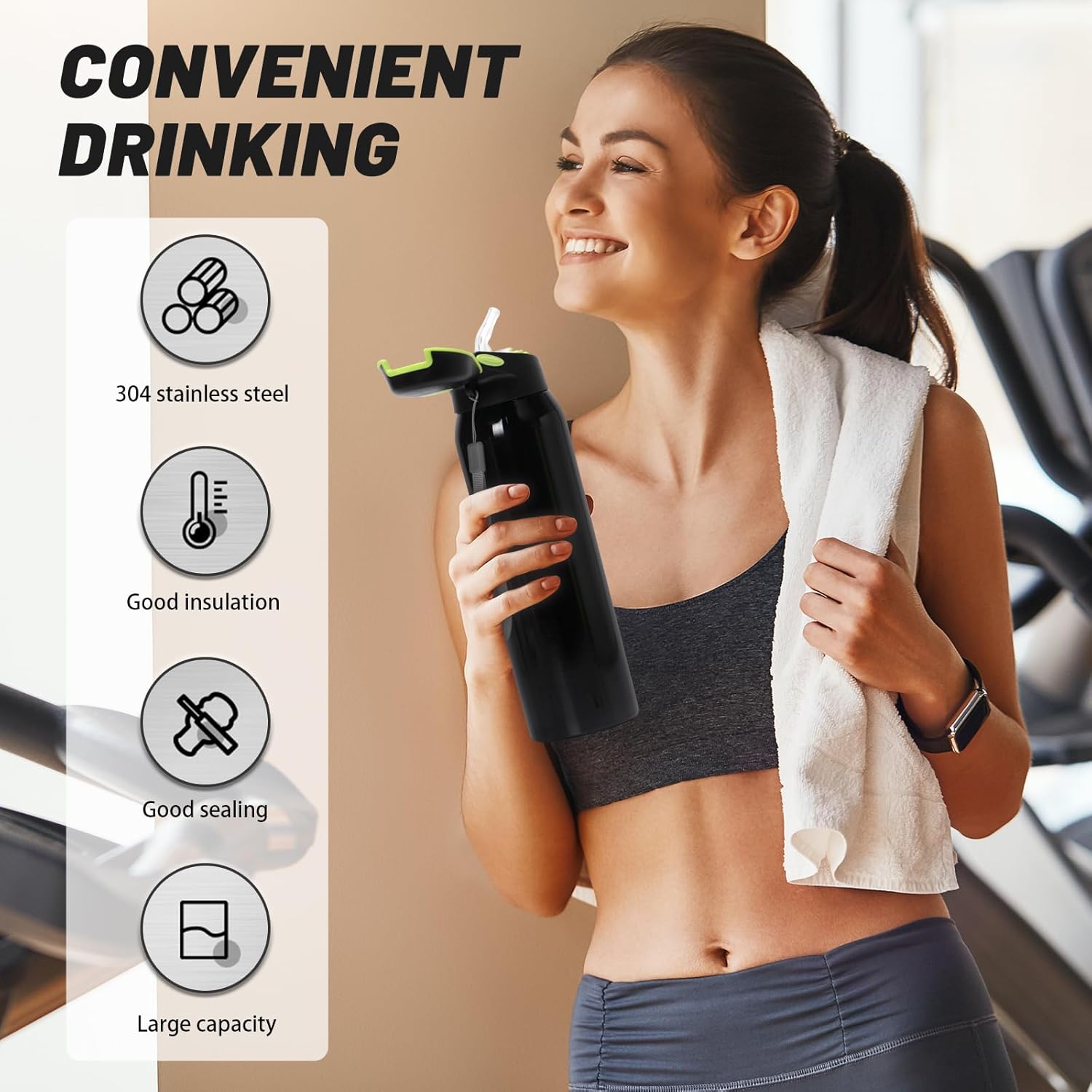 Insulated Water Bottle With Straw, 16 oz Leak Proof 18/8 Stainless Steel Vacuum Tumbler for Sports, Gym or Office, BPA-Free Keep Cold 24H Hot 12H (Black) - Image 5