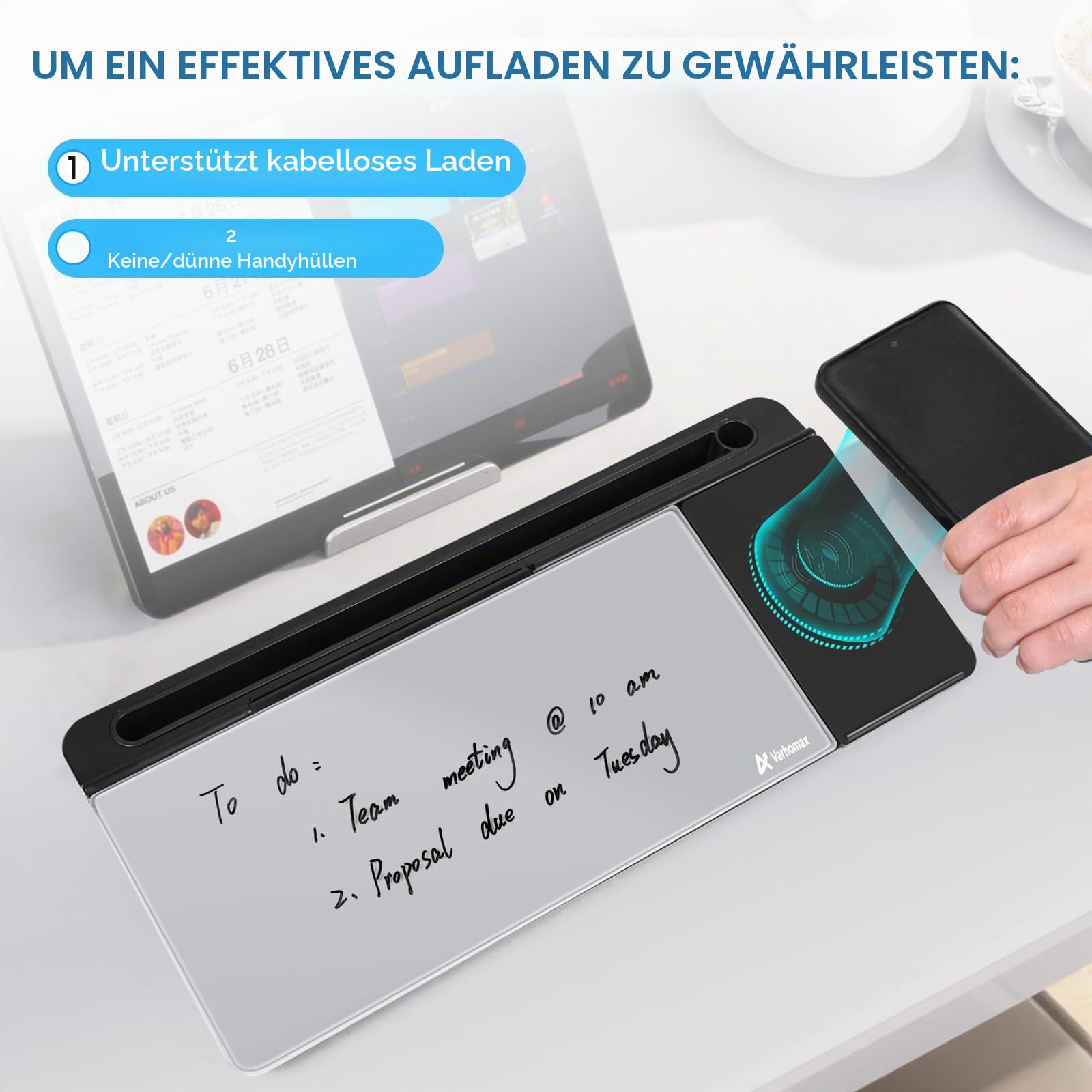 Varhomax Glas-Schreibtisch-Whiteboard mit kabellosem Ladegerät, trocken abwischbar, Aufbewahrung, Buddy To-Do-Liste, Notizblock für Zuhause und Büro