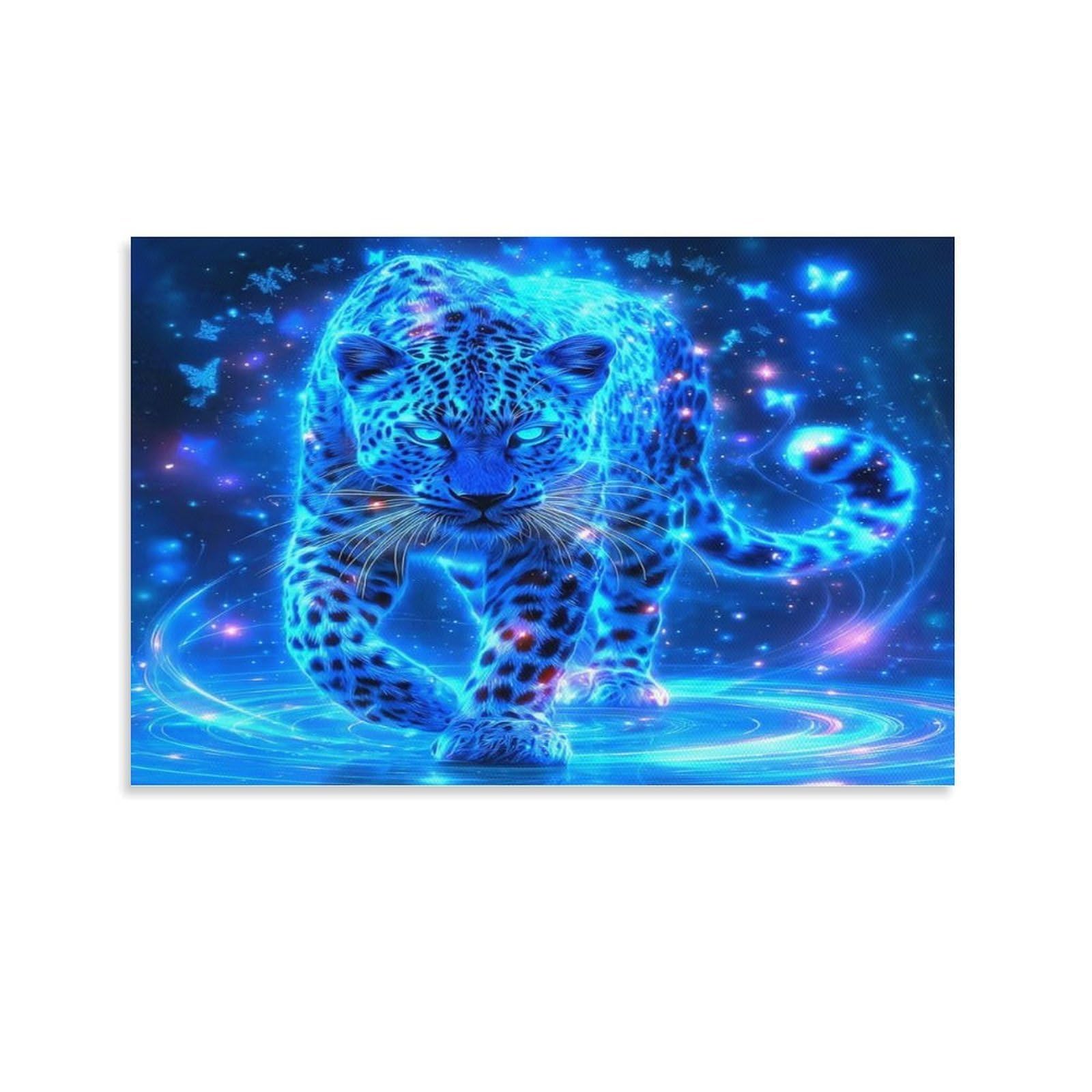 CPLVKWRQJ Snow Leopard Cub Reading Magical Book Single Piece Neon Blue Leopard Cosmic Sparkly Dark Space Canvas Wall Decor - Kitchen Removable Wall Art Multi-Purpose Ready to Hang 20x30inch(50x75cm)