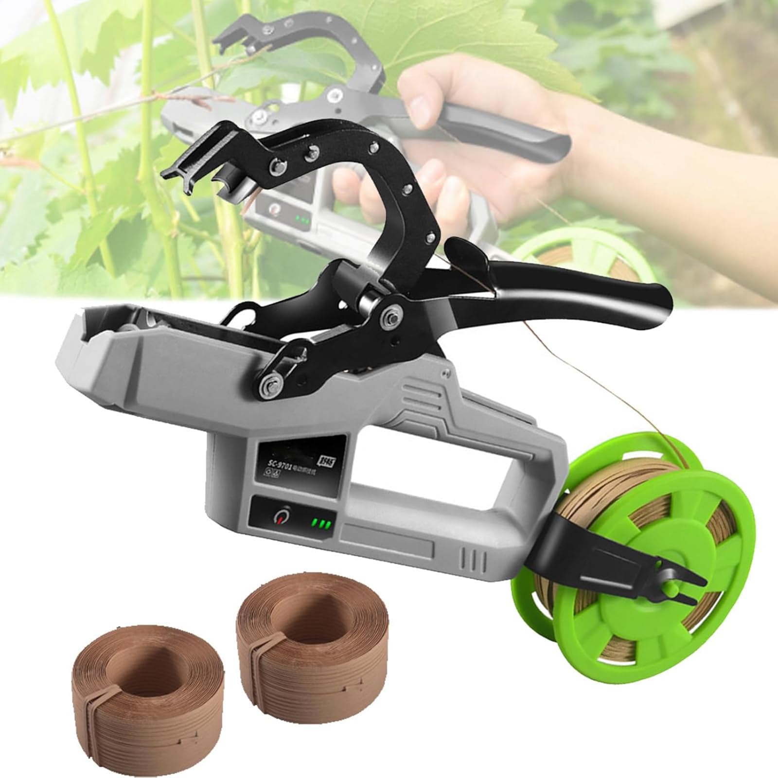 Máquina eléctrica para atar plantas, alicates semiautomáticos portátiles para viñedos, diámetro máximo de flexión de 45 mm, incluye 20 correas de vendaje para uva, jardinería vegetal