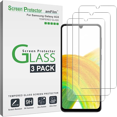 amFilm Paquete de 3 protectores de pantalla de vidrio templado compatibles con Samsung Galaxy A33 5GA32 4GA22 4G con kit de fácil instalación,