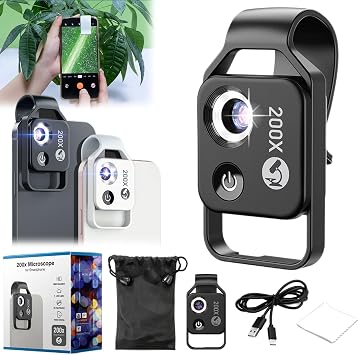 200X Magnification Lens with Cpl Lens/LED Light, Portable Pocket Digital Microscope Camera Attachments for Phone, More Stable and Clearer Black