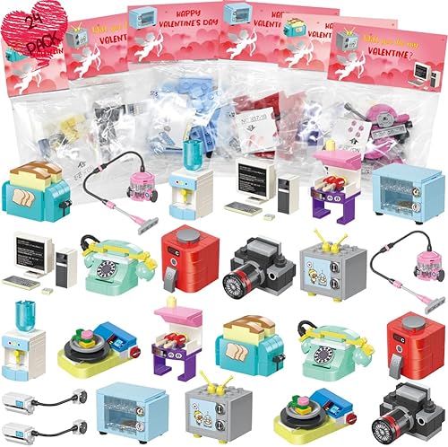 Paquete de 24 regalos para el día de San Valentín para niños, tarjetas del día de San Valentín con electrodomésticos, bloques de construcción para