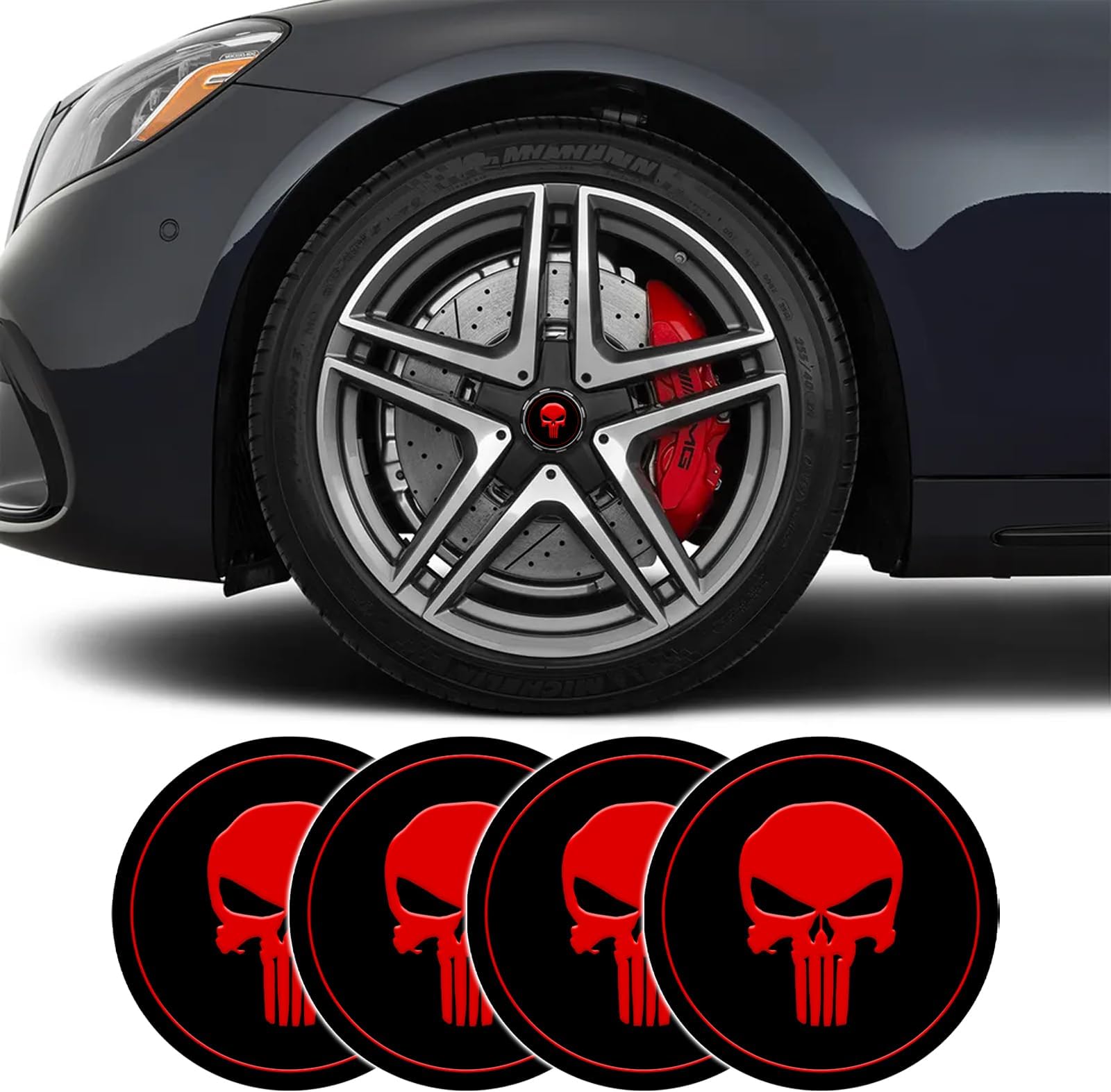 4 PCS Skull Car Wheel Center Caps, 2.2" Center Caps for Rims, Automotive Exterior Accessories Waterproof & Rustproof Wheel Hub Center Cap Cover Stickers for Car Truck SUV (Black/Red)