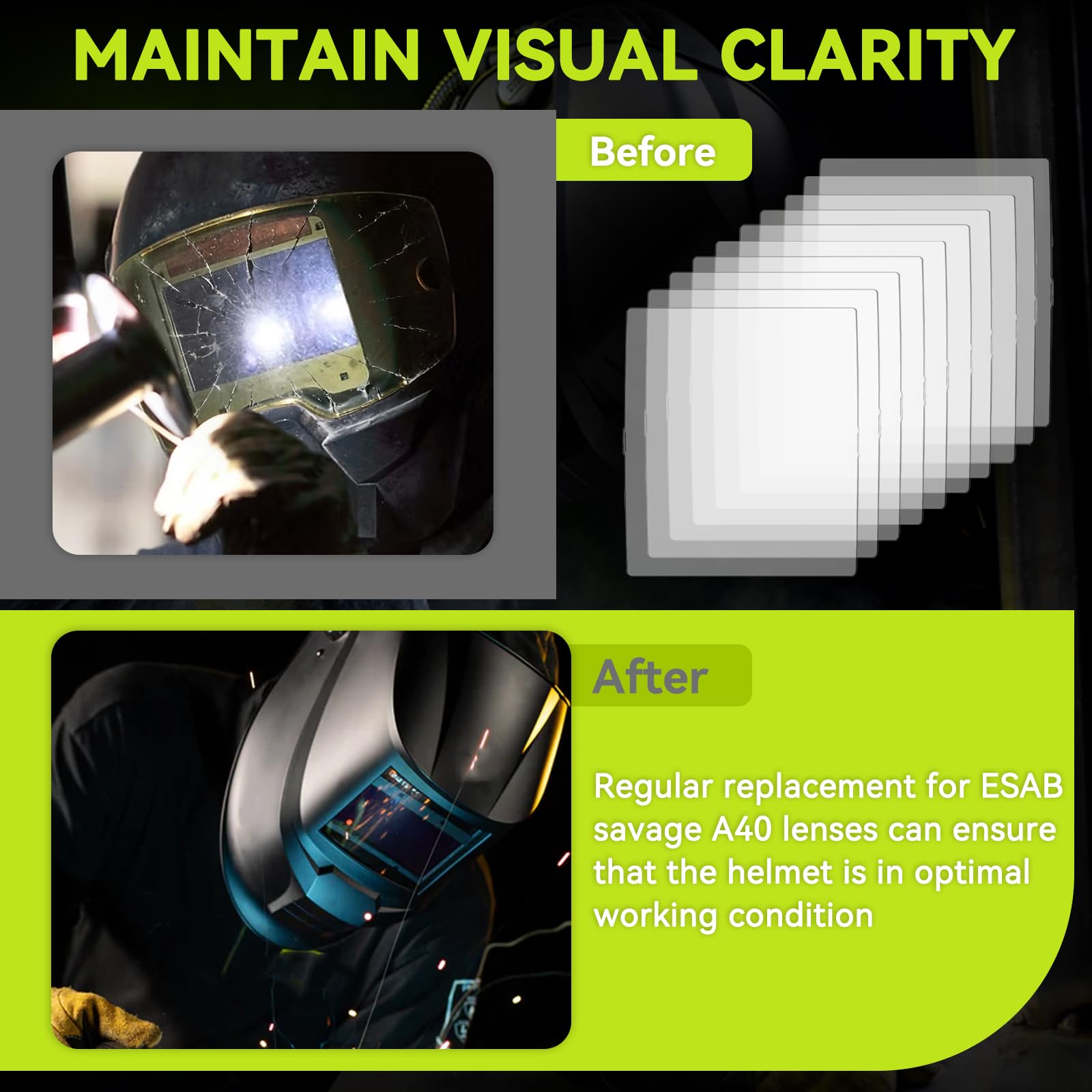 WarriorTech - Gafas de seguridad ajustables, para casco de soldadura Esab Savage A40, lente de cubierta frontal 0700000010, lentes de seguridad para casco de soldadura, salpicaduras y