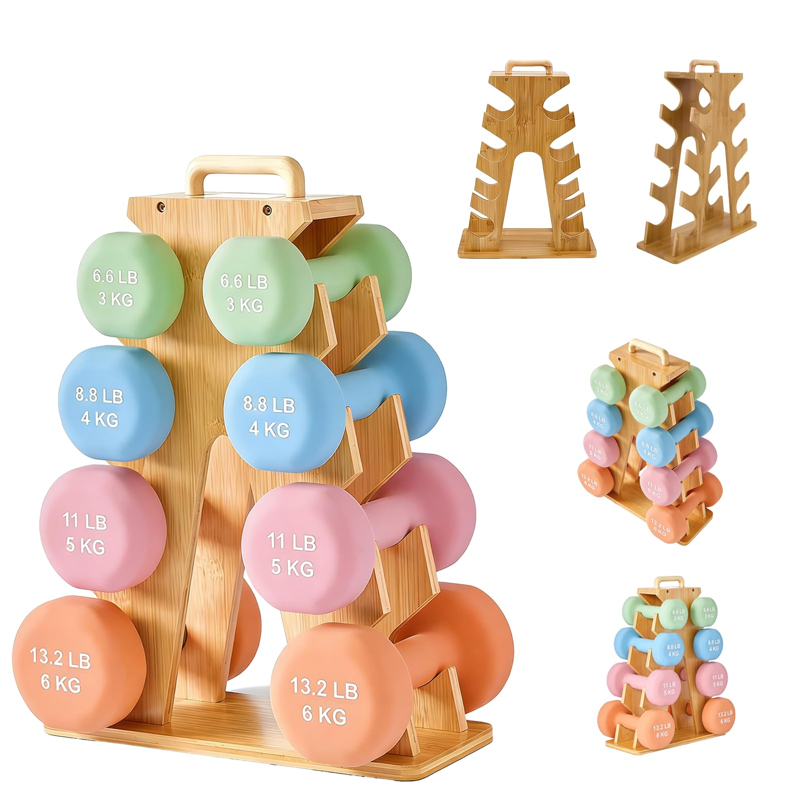 Support d'haltères en Bois 4 niveaux, Rack de Poids en A pour Haltères de 3 à 6 kg, Support de Fitness peu Encombrant avec Poignée de Transport, Organiseur de Rangement pour Salle de Sport à Domicile