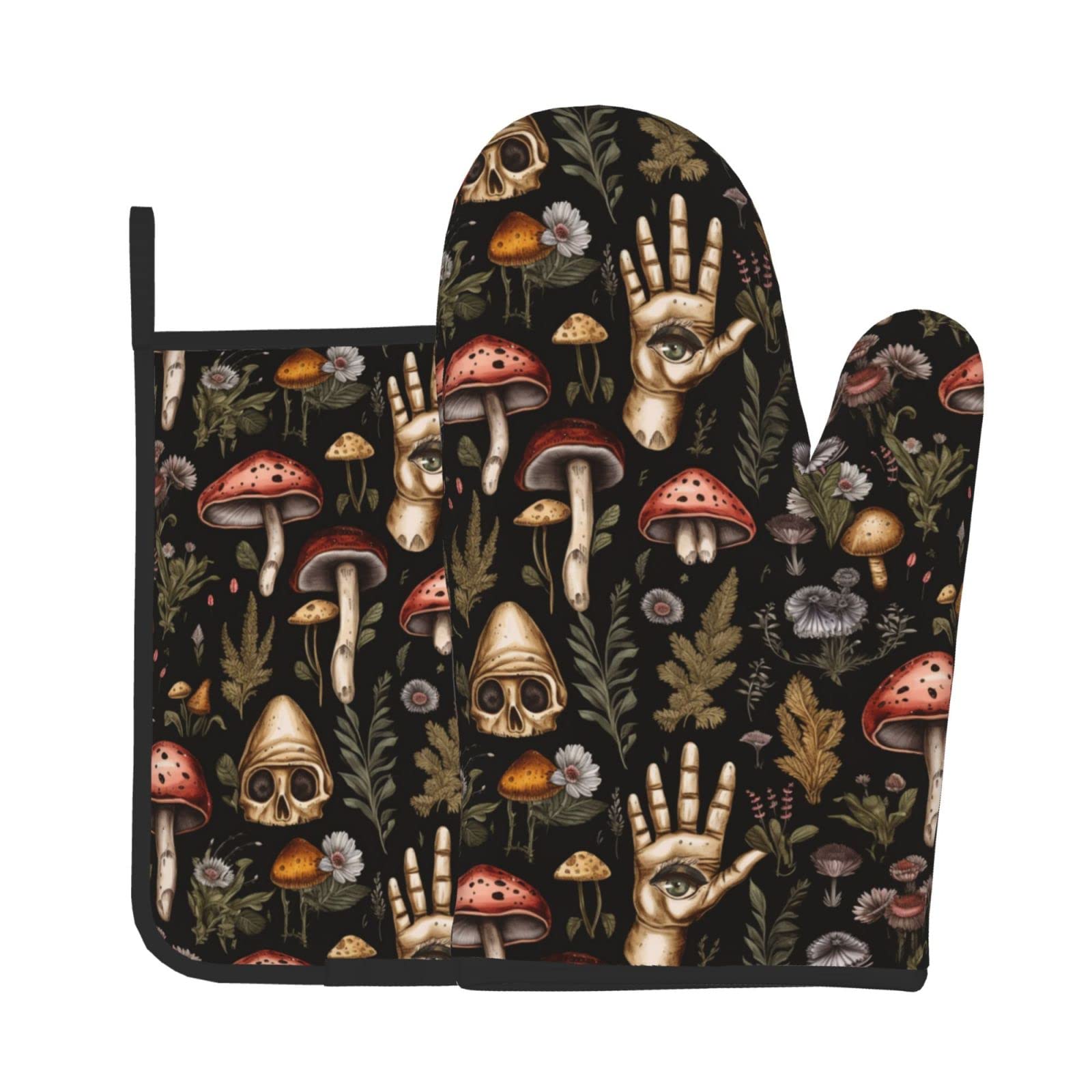 Mingnei Ofenhandschuh & Topflappen Set – Totenkopf-Pilz Design, Hitzebeständig Bis 220°C, Maschinenwaschbar