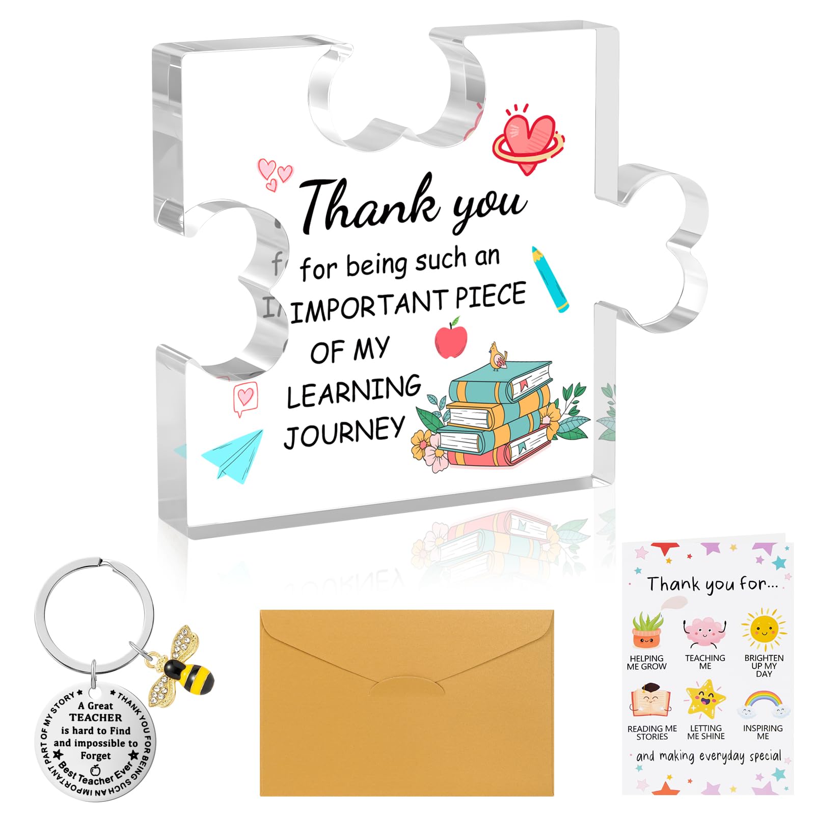 4 Pack Teacher Gifts Set, Heart Shaped Acrylic Plaque Teacher Keyring Gifts with Gold Envelope Thank You Stickers, for Christmas Birthday Thanksgiving Thank You Teacher