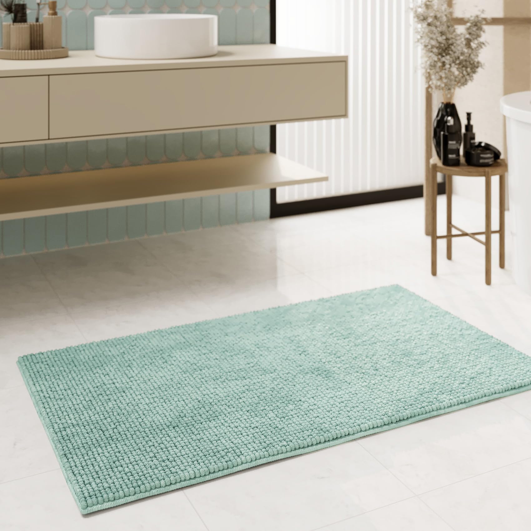 Wecon Home Balu getufteter Badteppich, 80 x 150 cm, Mint grün | moderner Chenille Badteppich, rutschfest, Waschbar, Saugfähig, Stilvoll für jedes Badezimmer