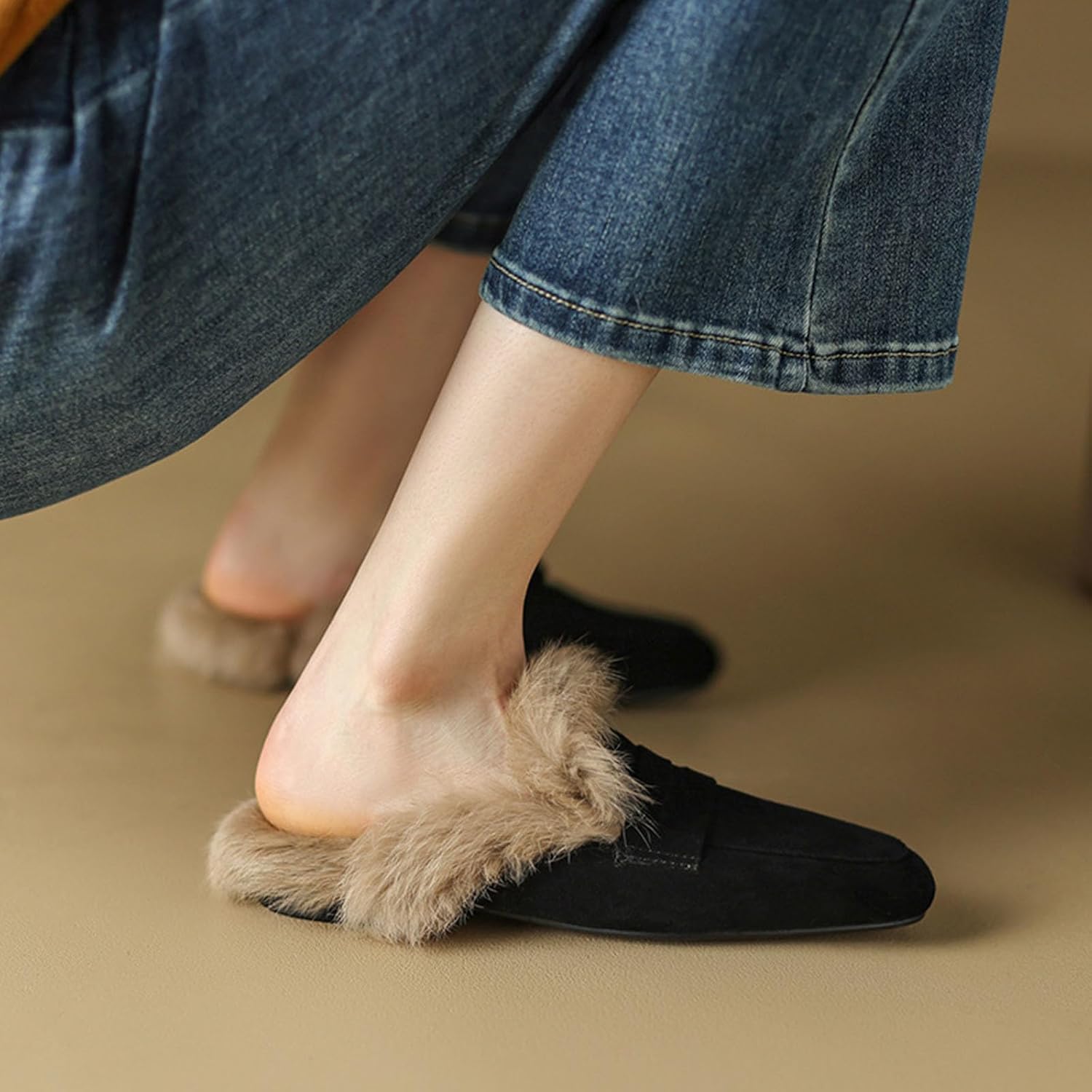 Bellirala Women's Rabbit Fur Lined Flat Mules & Clogs Fluffy Furry Slides Low Heels Loafers Faux Suede Closed Round Toe Backless Slippers Fall Winter Shoes - Image 2