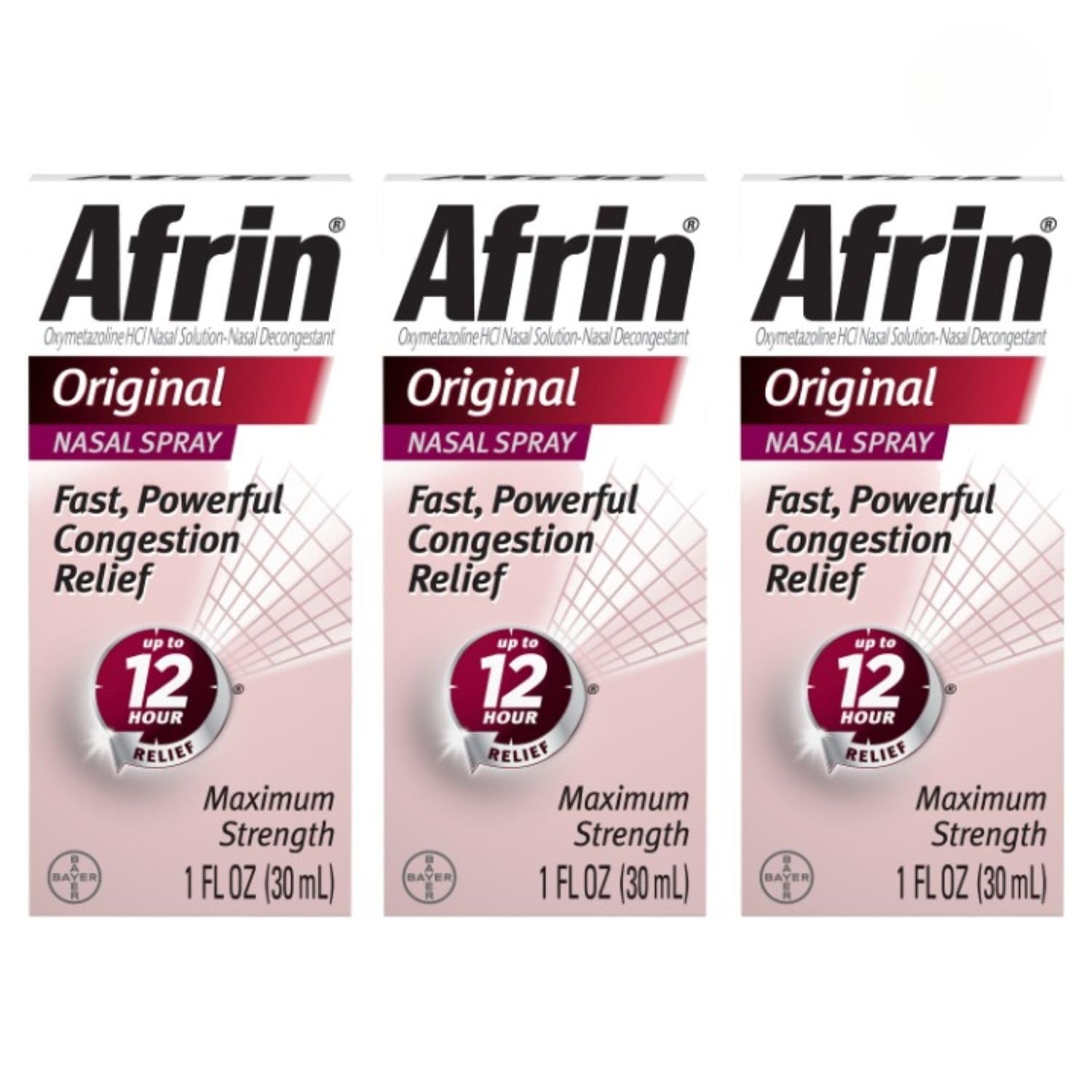 Afrin Original Maximum Strength 12 Hour Nasal Congestion Relief Spray - 3 bottles, 1 FL OZ (30mL) each. Total 3 FL OZ (90 mL)