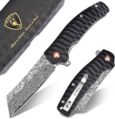 Miniatura 1 de AUBEY EDC - Cuchillo de bolsillo de Damasco, hoja de acero de Damasco hueco de 3.34 pulgadas, cuchillo plegable con rodamiento de bolas, mango