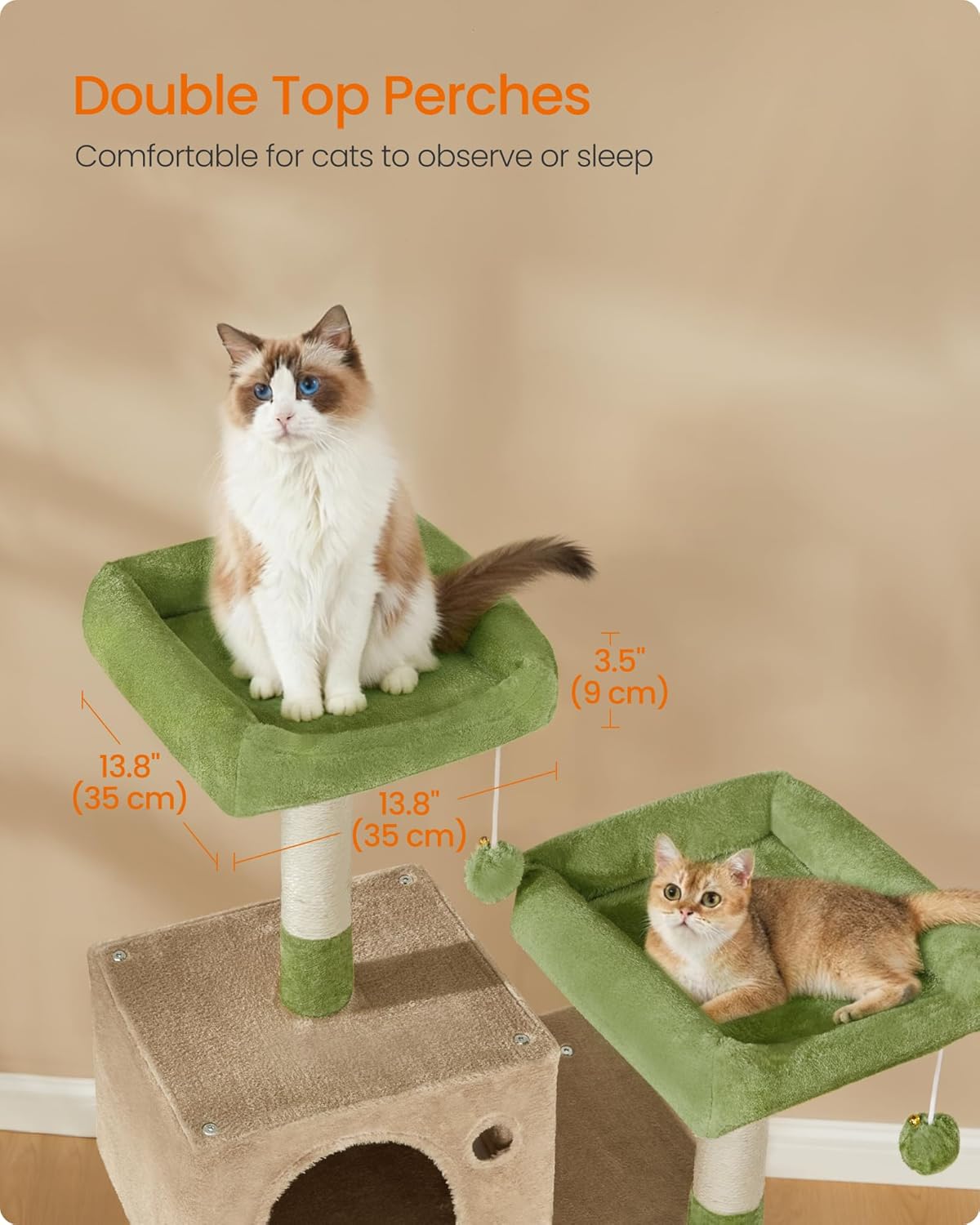 Feandrea Cat Tree, 56.3-Inch Cat Tower, Multi-Level Plush Condo with 11 Scratching Posts, 2 Perches, Hammock, Cave, Grass Green and Camel Brown UPCT015CB02