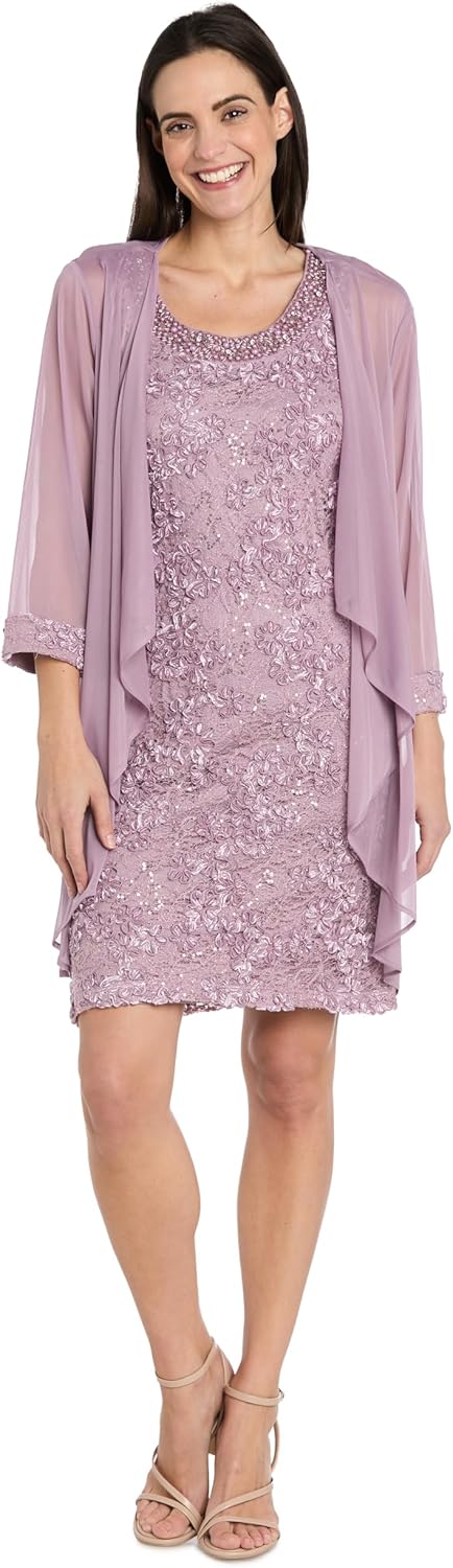 Beaded Jacket Dress W/Sheer 3/4 Sleeve Shrug in Pebble Georgette