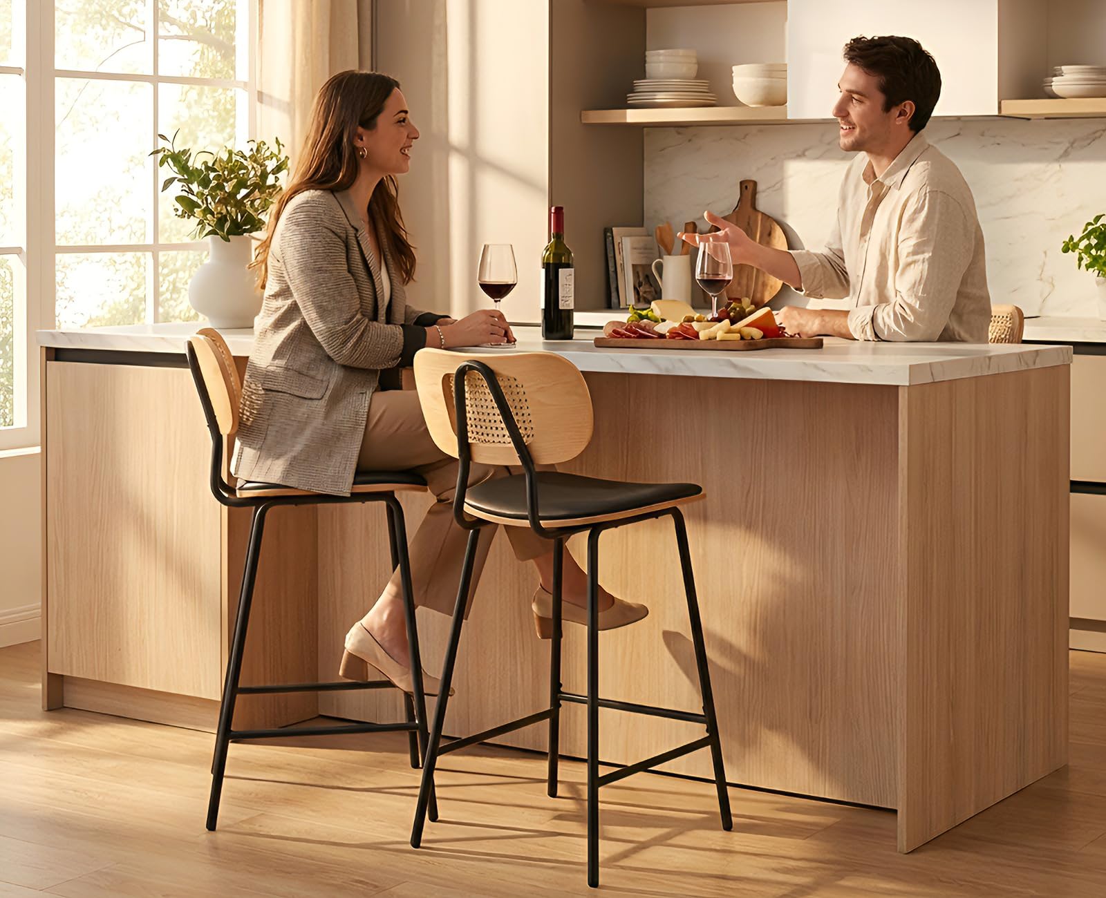 Ya-Home Set di 2 Sgabelli da Bar Sgabelli Cucina Retrò in Rattan Sgabelli Alti con Cuscino in Ecopelle Sedia da Bar con Gambe in Metallo per Cucina Bancone,Nero