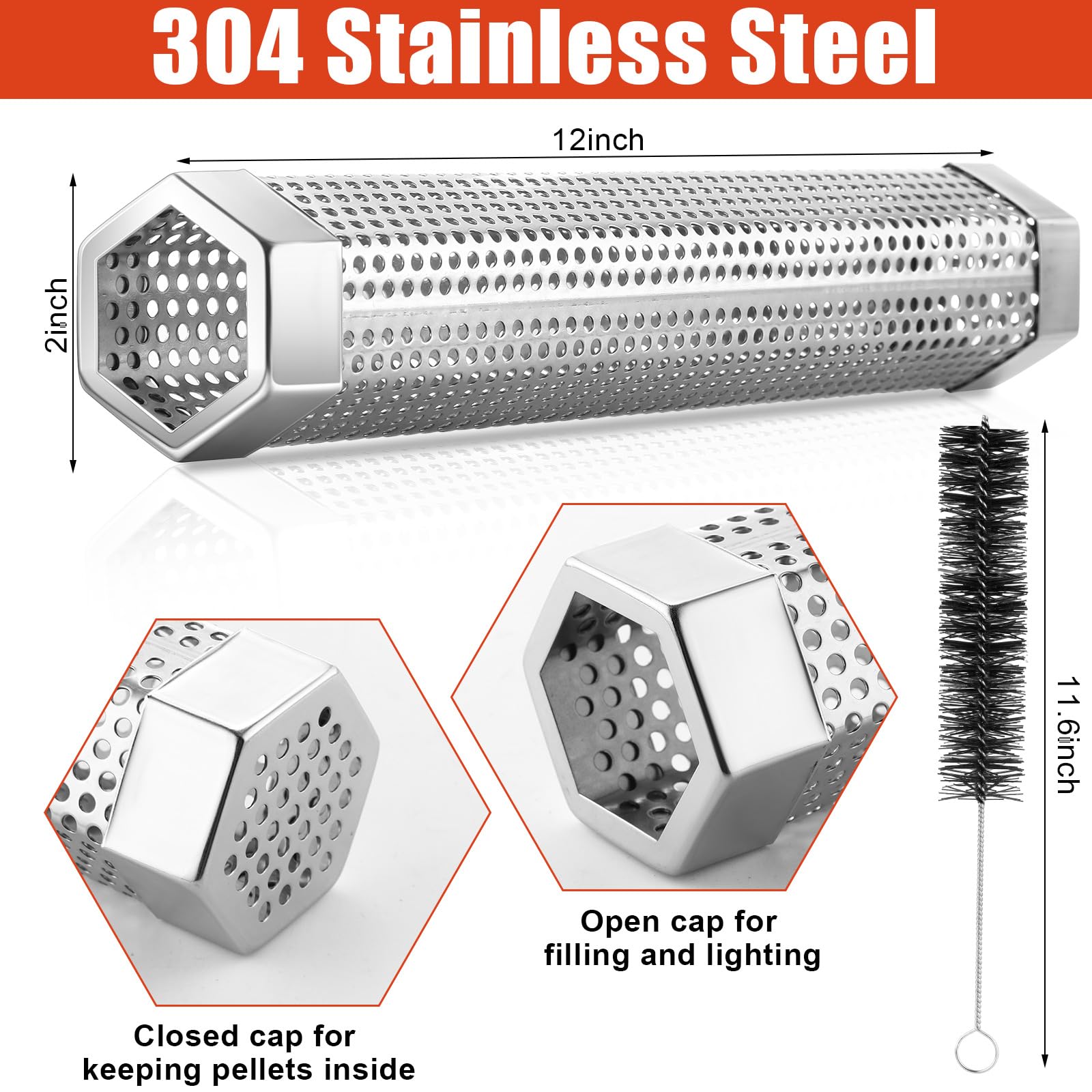 Paquete de 6 tubos de ahumador de pellets de 12 pulgadas para parrilla de pellets de acero inoxidable para ahumar en caliente o frío con 3 cepillos portátiles para barbacoa a gas 2