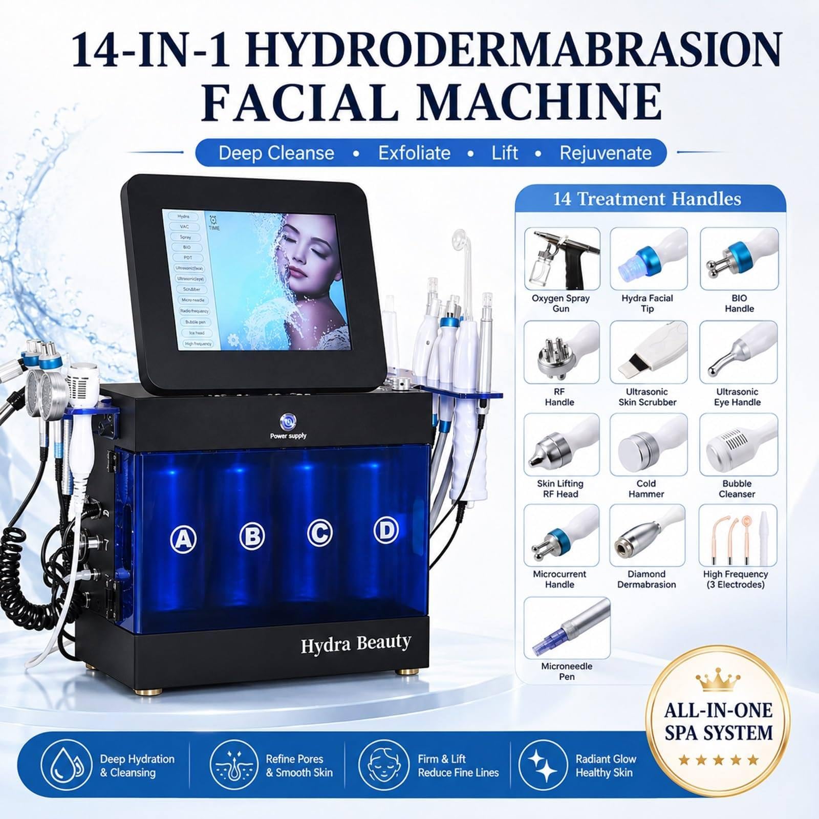 Maszyna do twarzy Hydrogen Oxygen 14 W 1 | Urządzenie Do Hydrodermabrazji I Pielęgnacji Skóry Z Wyświetlaczem LED, Do Głębokiego Oczyszczania I Intensywnego Nawilżania