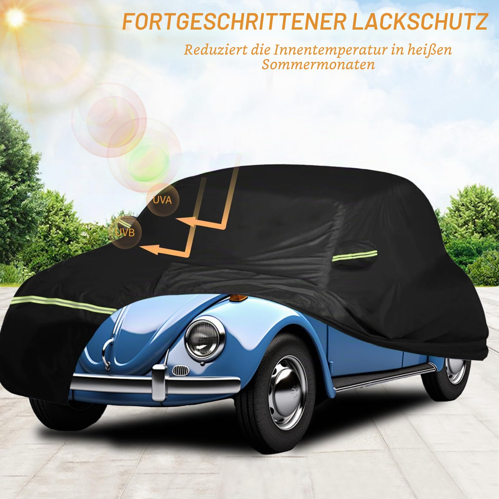 Autoabdeckung Vollgarage Ersatz für VW Beetle 1960-1980,Anti-Scratch Staub Wetterfeste UV Schutz Autoschutzhülle,Auto Abdeckplane mit Reißverschlus,Reflektierende Autoabdeckung(Schwarz)