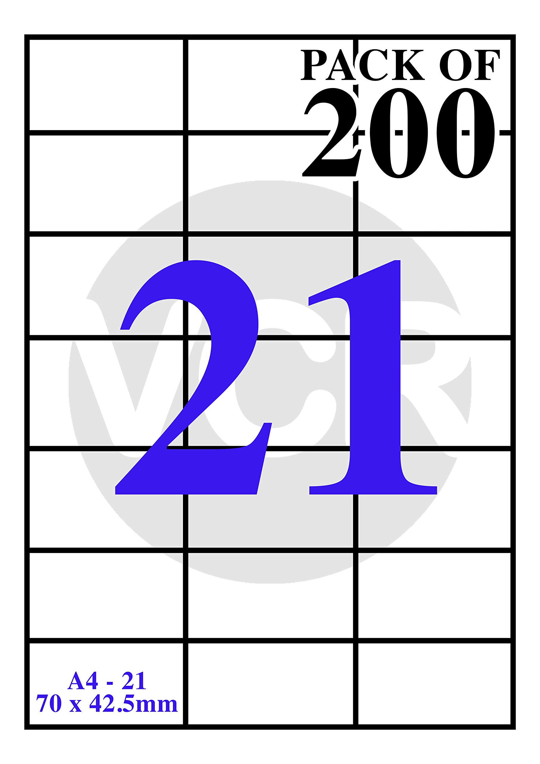 VCR A4 Size White Self Adhesive Label/Sticker for Printer (Inject/Copier/Laser) - 21 Sticker Per Sheet - 200 Sheets Pack