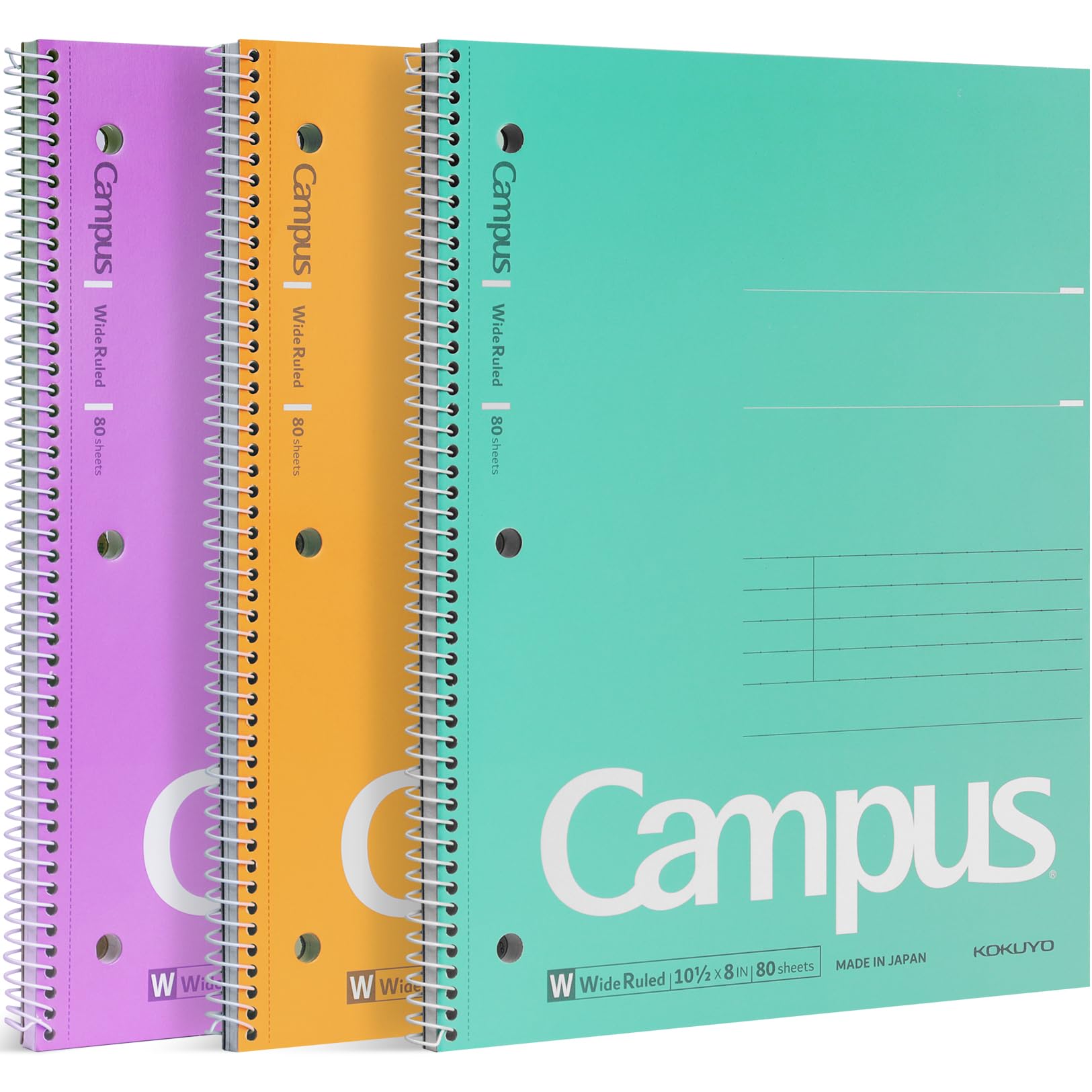 KOKUYO Spiral Notebook, 3 Pack Campus 10-1/2" x 8" Subject Notebooks with Wide Ruled, 80 Sheets, Purple Orange Turquoise 3 Holes School Spiral Journal for Work Study Note Taking (WSG-SU-400G33)