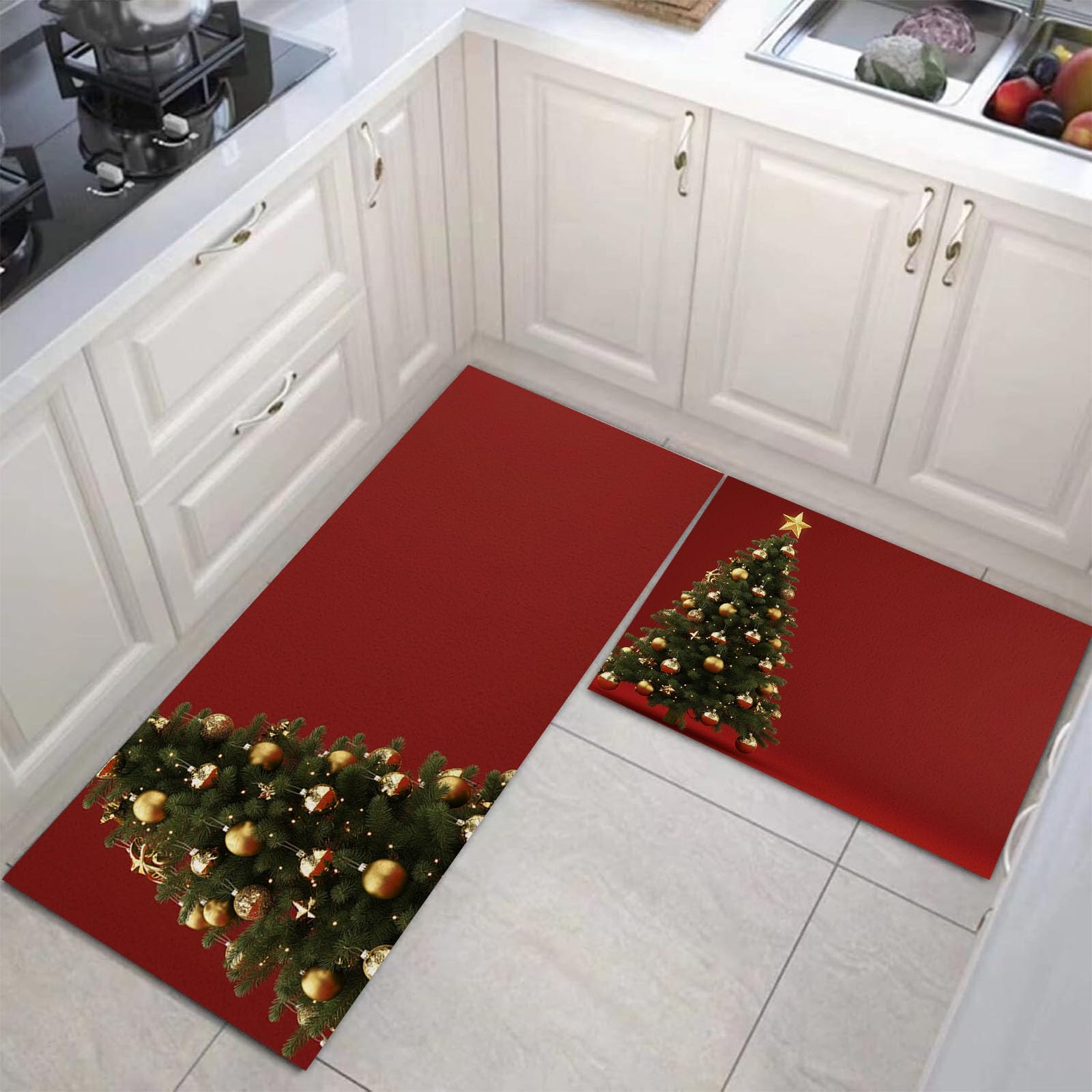 JRZEOCI Alfombras de Cocina, 2 Unidades, Árbol De Navidad Navidad Lavables Patrón Feliz Navidad, Alfombrilla de Cocina, Antideslizante, para Cocina, Comedor, 40x60cm+40x120cm