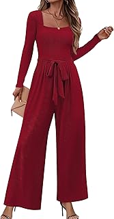Jumpsuits For Women Dressy Long Sleeve Square Neck Casual Belted Wide Le...