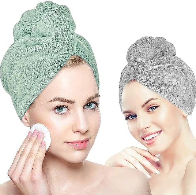 Newthinking Hair Towel Turban for Wet Hair, Microfibre Hair Drying Towel Wrap for Women Curly Hair and Long Hair Anti-Frizz, Grey and Green, 2 PACK