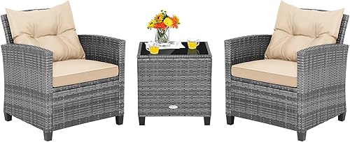 Miniatura 22 de Tangkula - Juego de muebles de patio de 3 piezas, mimbre de ratán de polietileno, para exterior, con cojín lavable y mesa de vidrio templado, Beige