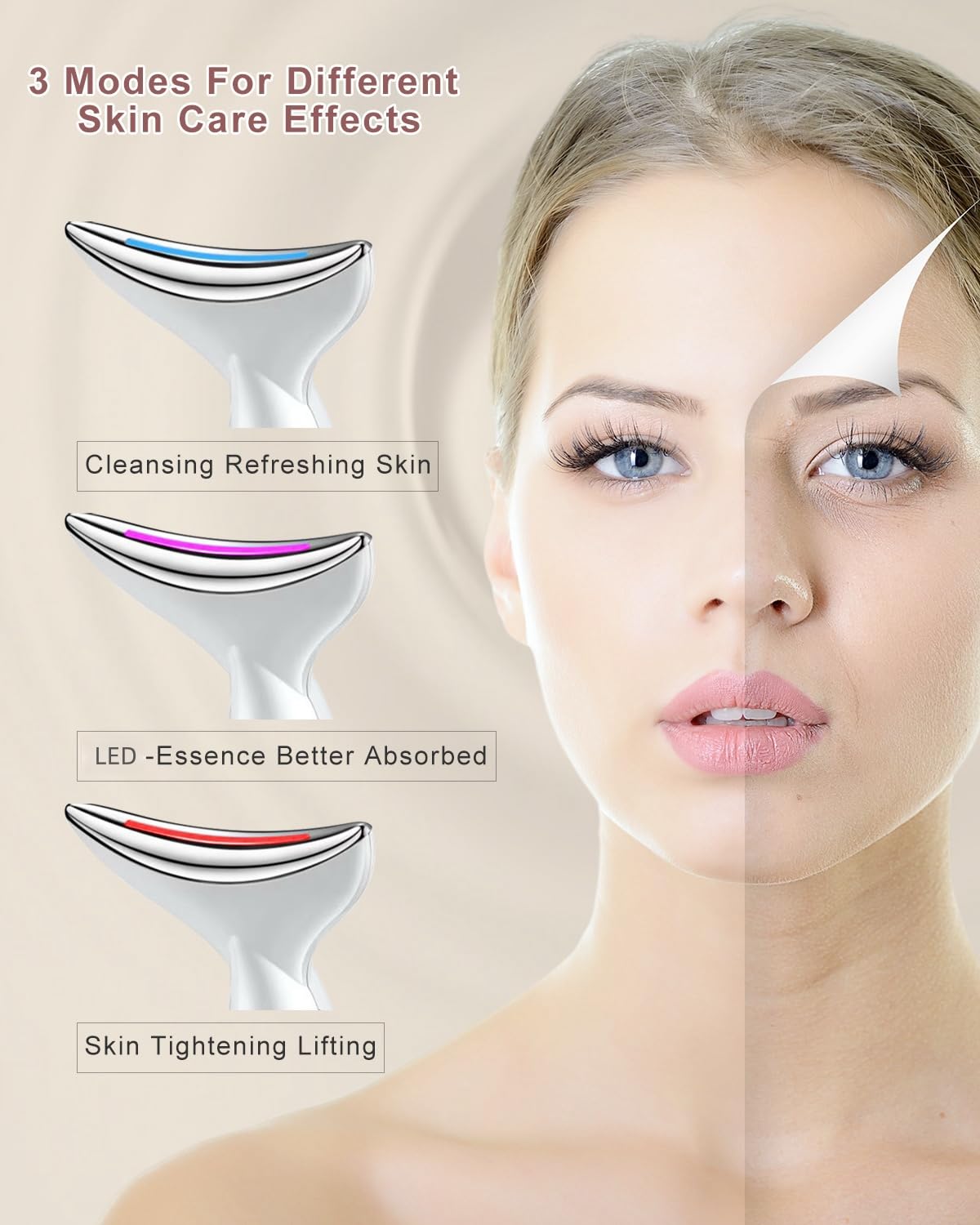 Dispositivo de belleza para rejuvenecimiento de la piel para rostro y cuello Tecnología LED de triple acción térmica y vibración, levanta y aprieta la piel flácida para un aspecto radiante (blanco)