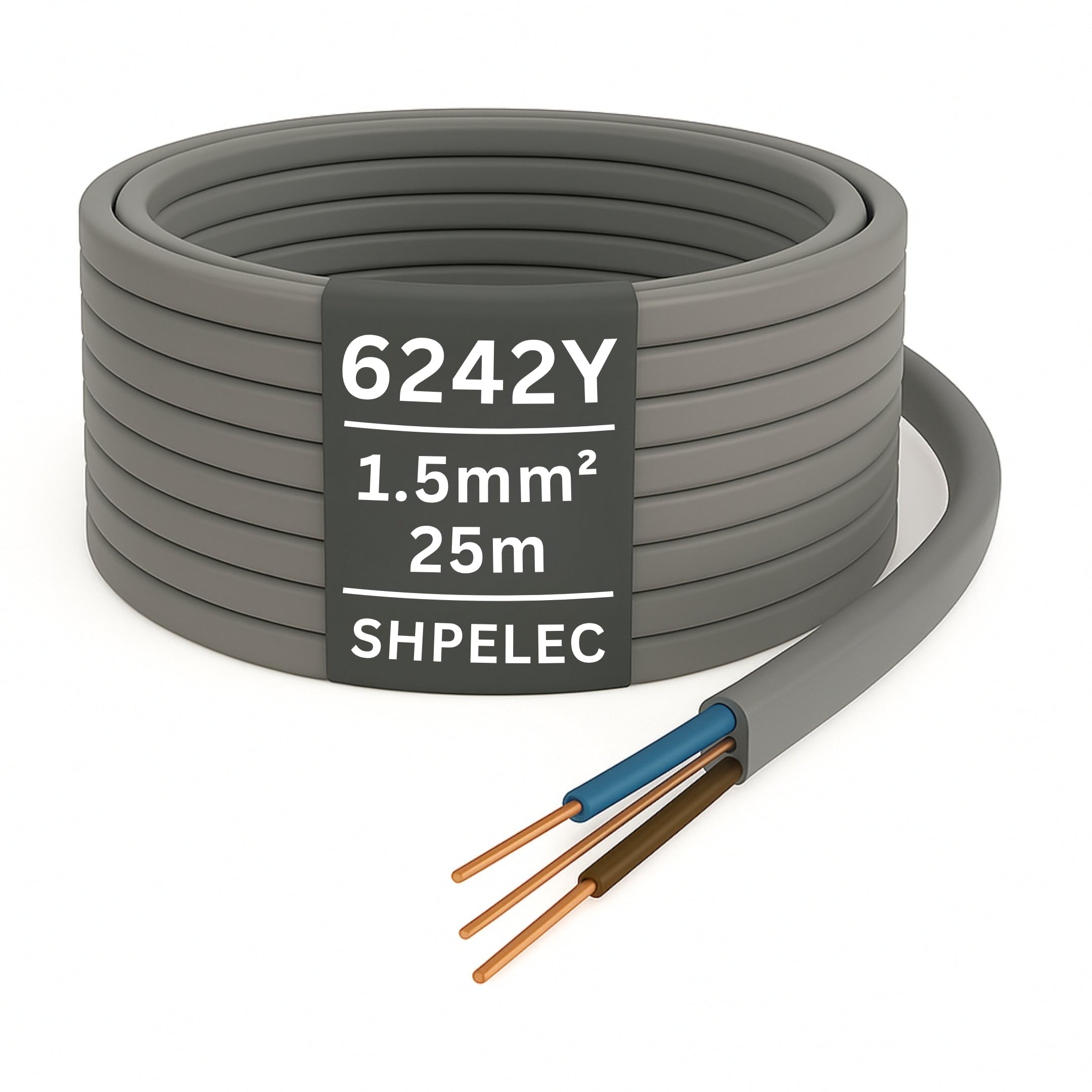 SHPELEC® Cable eléctrico gris Twin and Earth 6242YH - Cable de iluminación LED de 1,5 mm y cable de tierra 6242YH - Todas las longitudes (5 m, 10 m, 15 m y 20 m) (25 metros - 1,5 mm doble y cable de