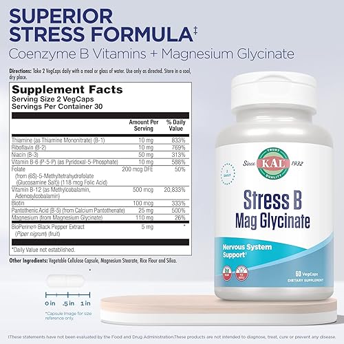 Miniatura 2 de KAL Stress B Mag Glicinato, vitaminas del complejo B más magnesio, formas activas coenzima vitamina B-6, metilcobalamina y folato de 5-MTHF, apoyo