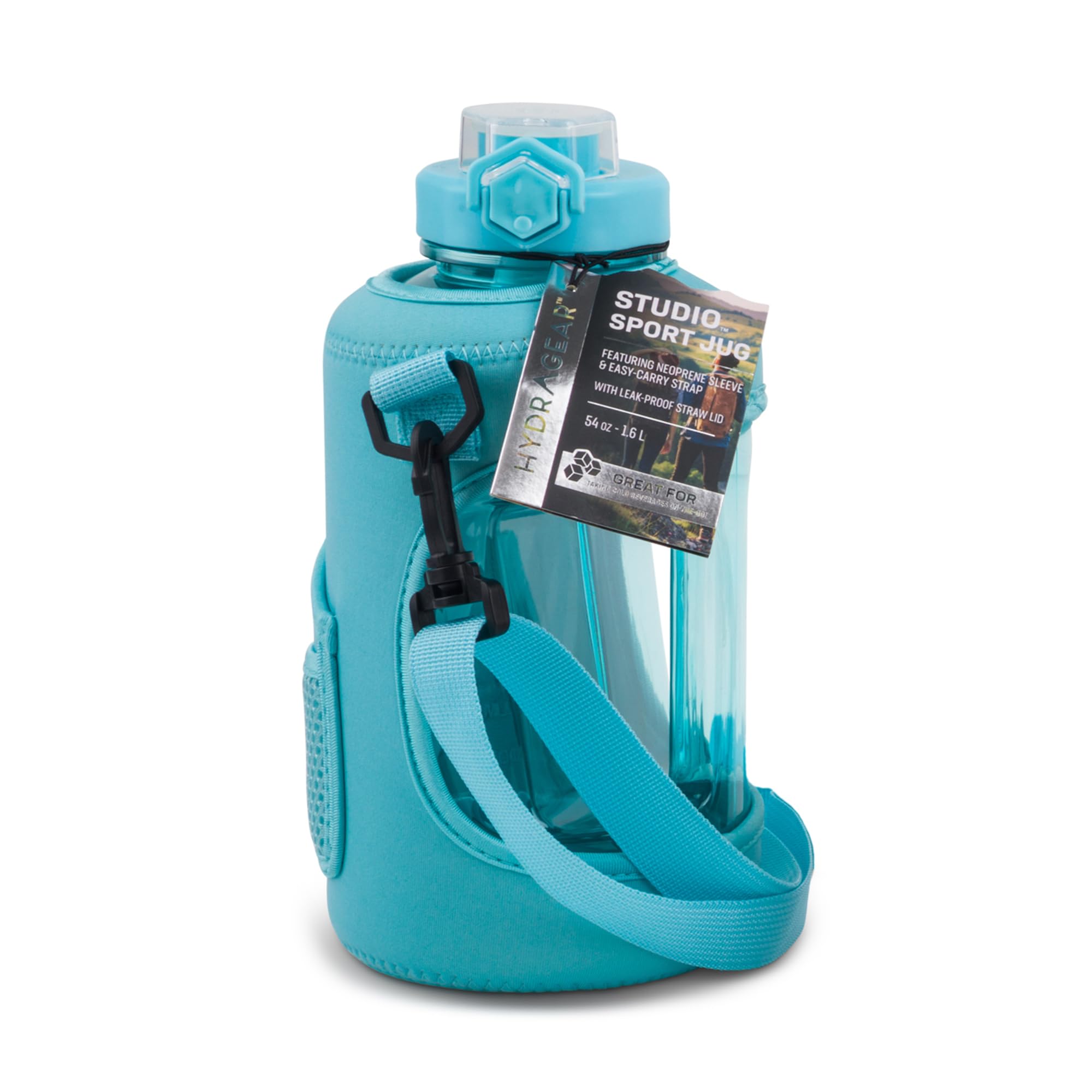 Hydragear Studio Sport - Jarra deportiva con funda Neopreme, correa fácil de transportar y tapa de popote a prueba de fugas, 54 onzas, Riviera