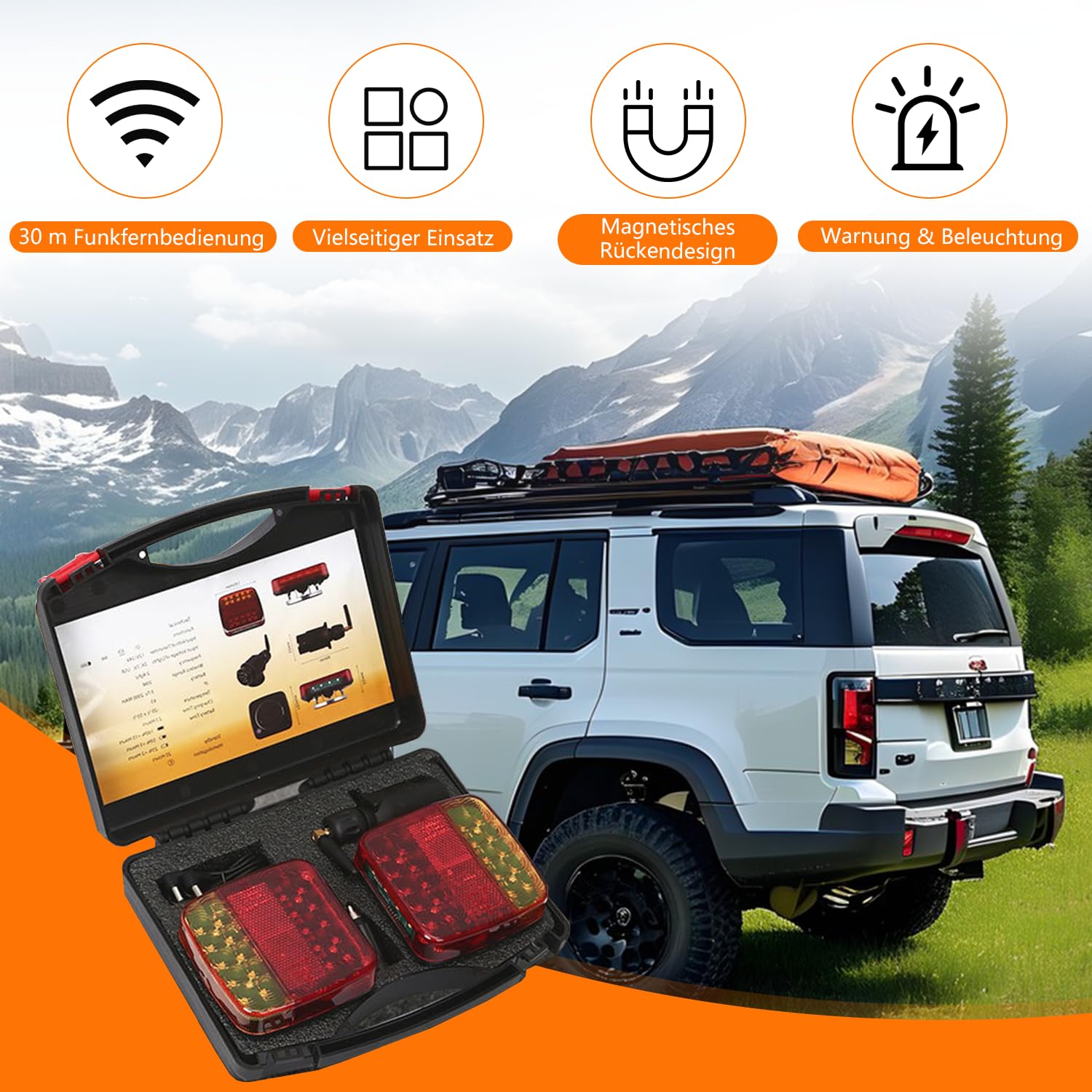 Anhänger Rückleuchten Kabellose, Magnetische Beleuchtungs LED Set mit 7 Pin Stecker, Rücklicht Anhänger Set mit Blinker, Bremslicht, Positionslicht & Kennzeichenlicht für LKW, Traktor, Wohnwagen